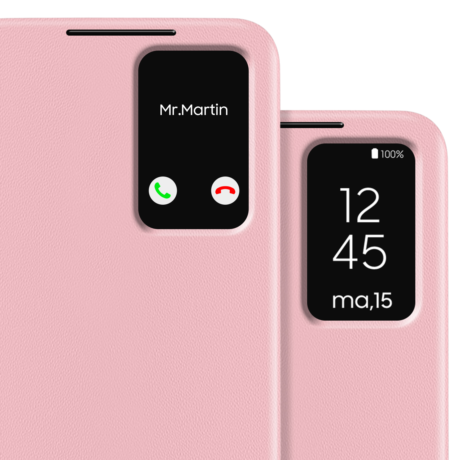Una custodia per telefono rosa che mostra una schermata di chiamata con nome e pulsanti.