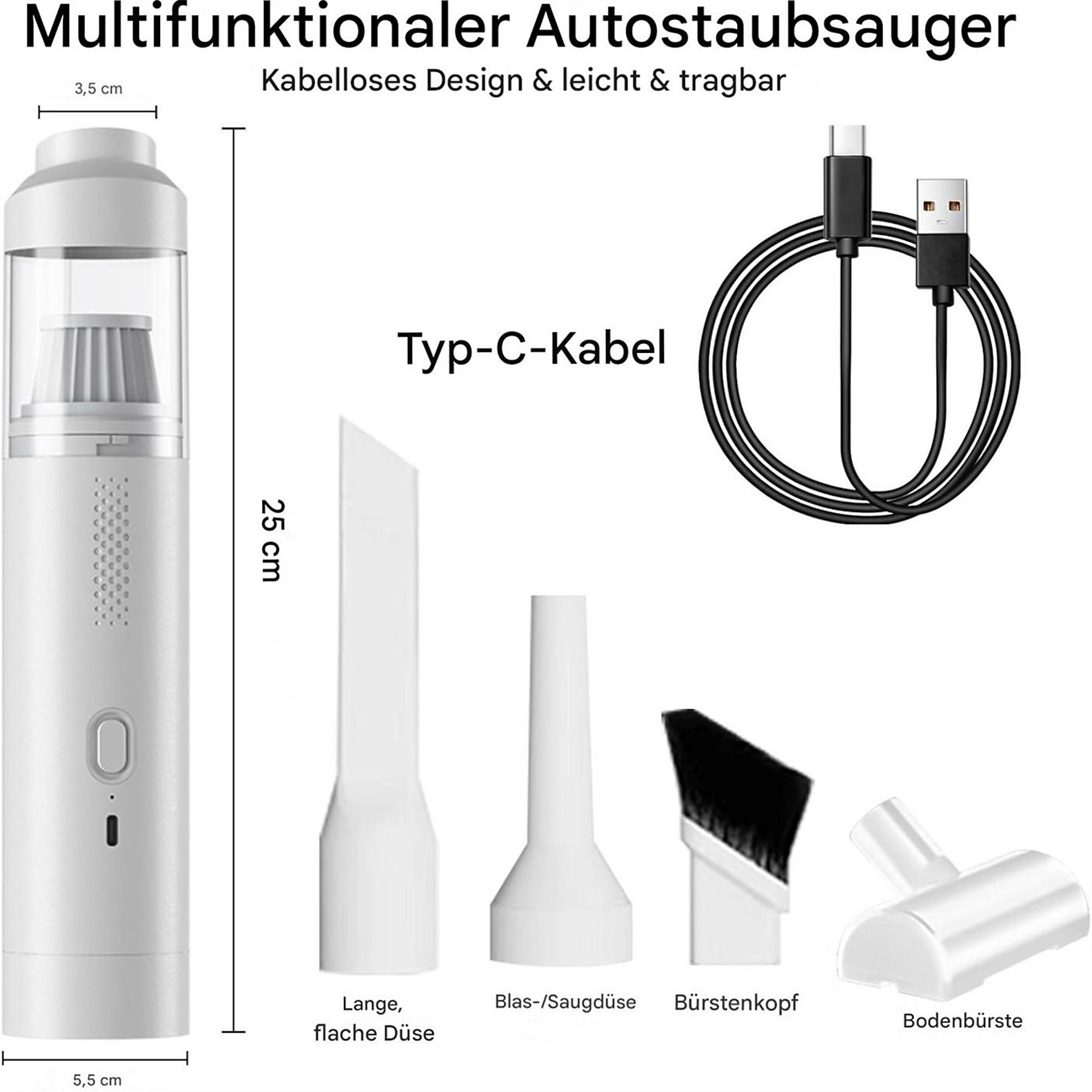 Staubsauger mit Aufsätzen, darunter Düsen und eine Bürste, und einem USB-C-Kabel.