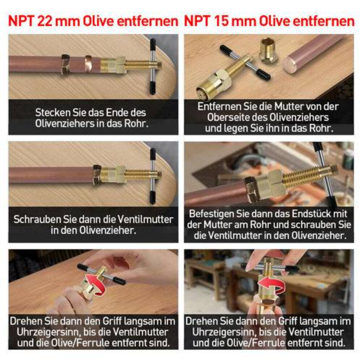 Anweisungen zum Zerlegen eines Rohrfittings, mit mehreren Schritt-für-Schritt-Bildern.
