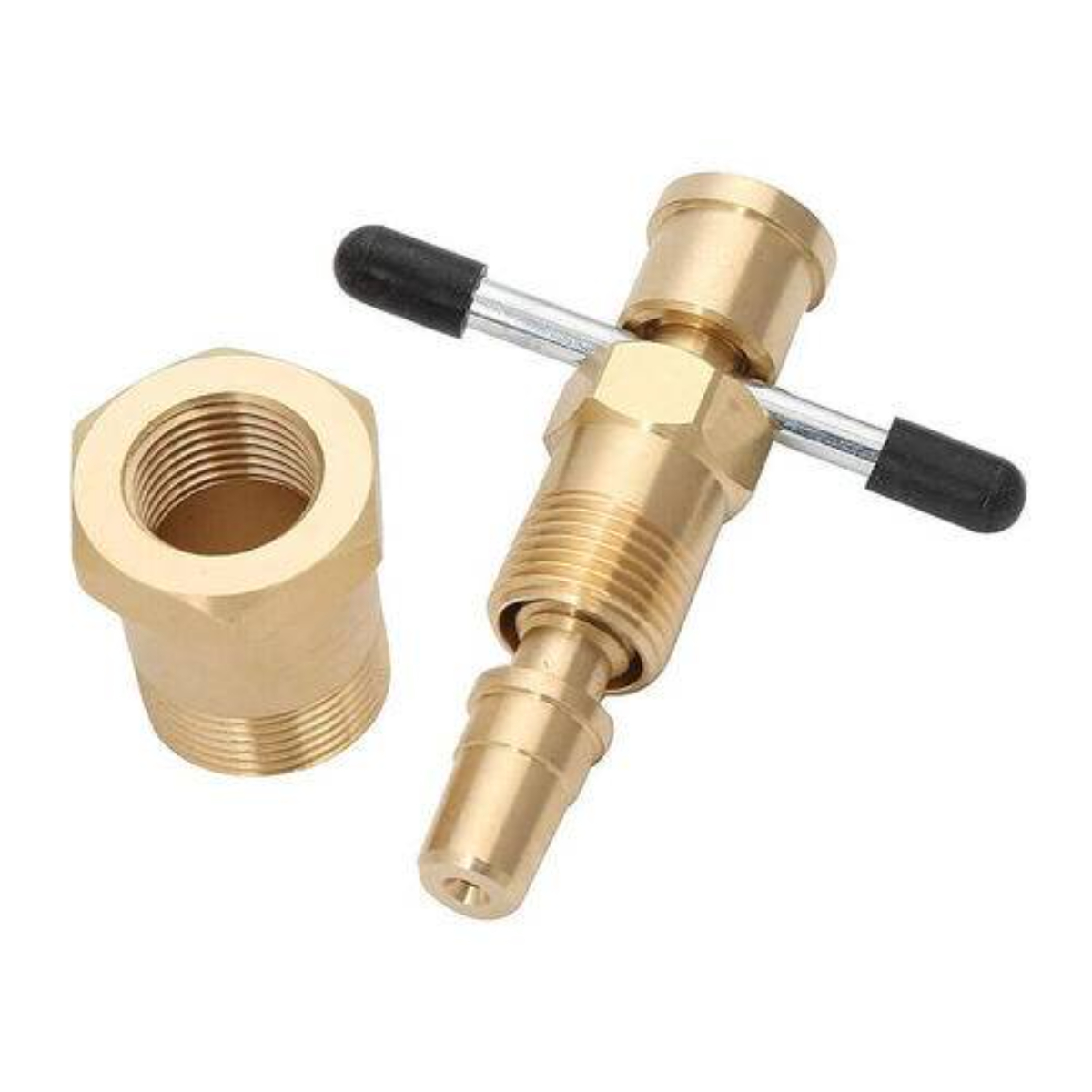 Messingfarbenes Fitting mit Gewindeöffnung und T-förmigem Griff, isoliert auf Weiß.