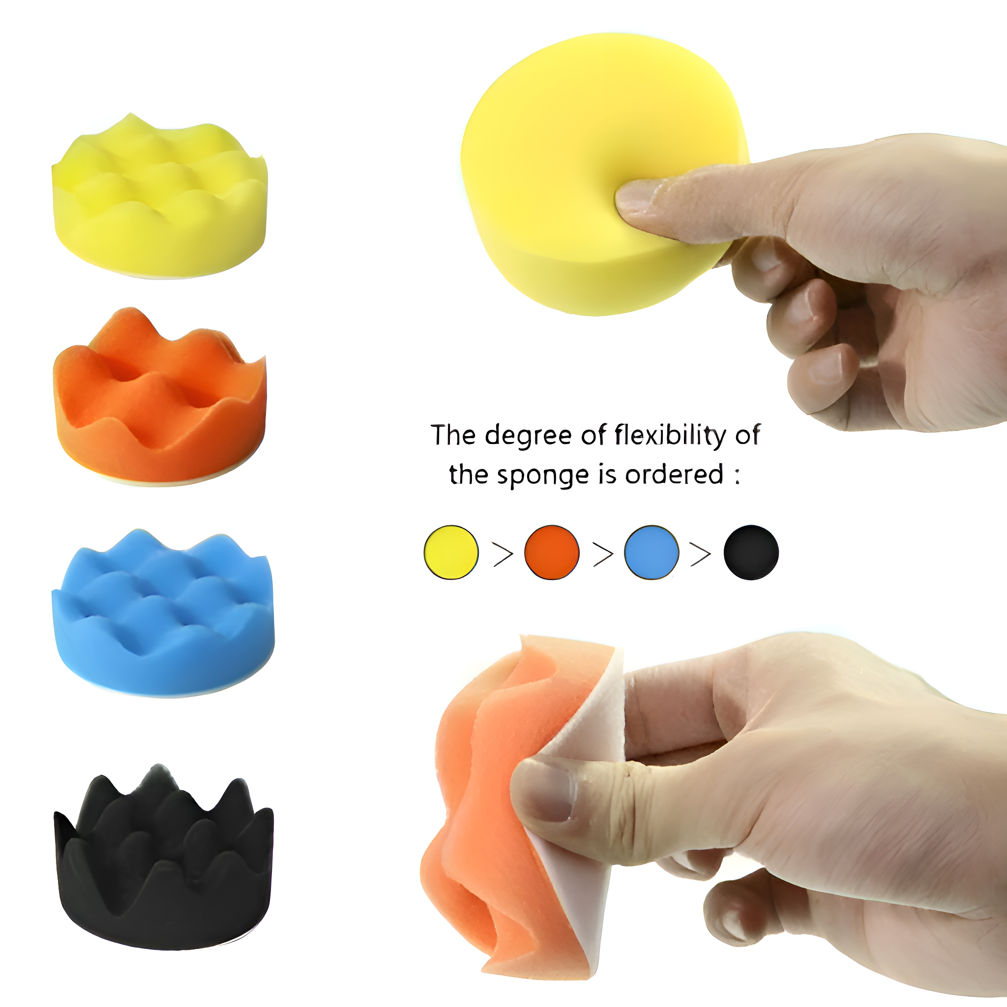Vier Polierschwämme, gelb, orange, blau und schwarz. Hand berührt einen orangefarbenen, weißen Untergrund.