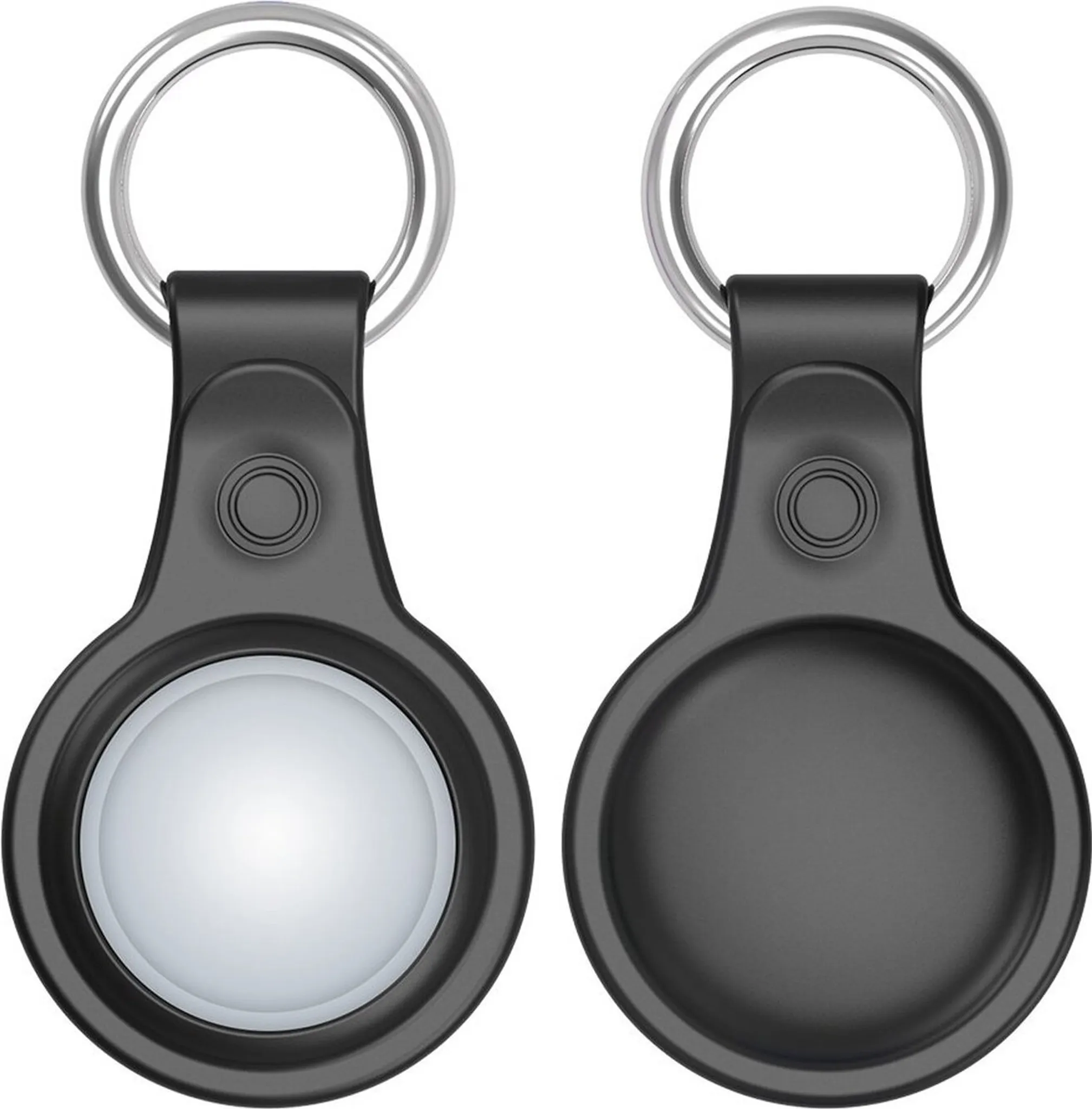 Zwei schwarze AirTag-Halter mit silbernem Ring, die beide Seiten des Geräts zeigen.