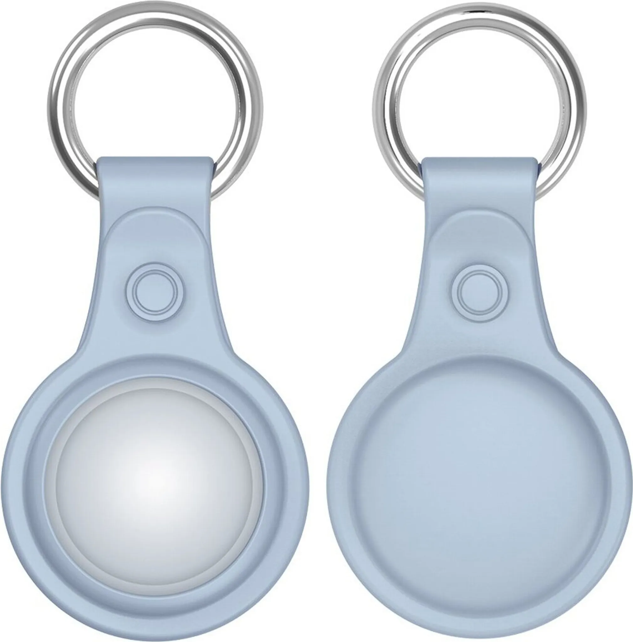 Zwei hellblaue AirTag-Halter mit Metallringen.