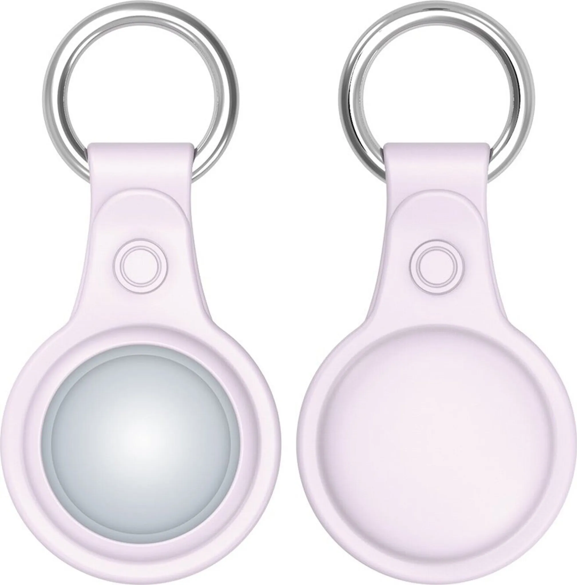 Zwei hellrosa AirTag-Halter mit Metall-Schlüsselringen. Die Vorder- und Rückseite eines ist sichtbar.