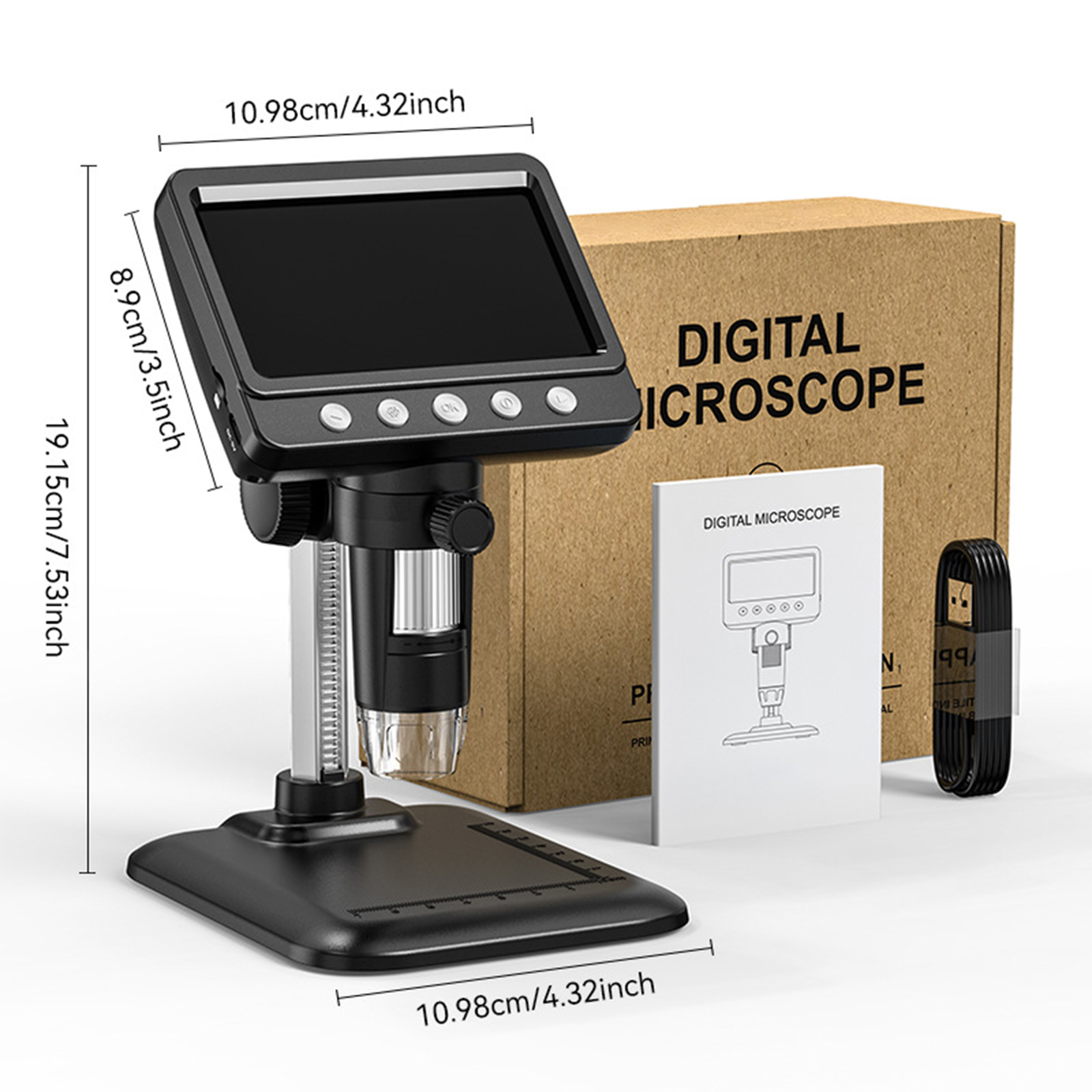 Digitalmikroskop mit Display, Zubehör und angegebenen Abmessungen.