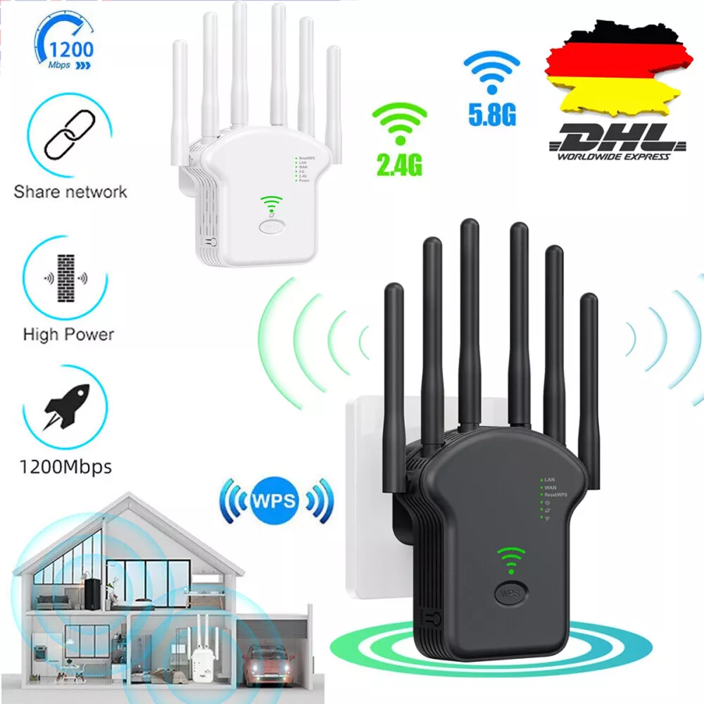 Zwei WLAN-Repeater mit Antennen. Einer ist schwarz, der andere weiß mit deutscher Flagge.
