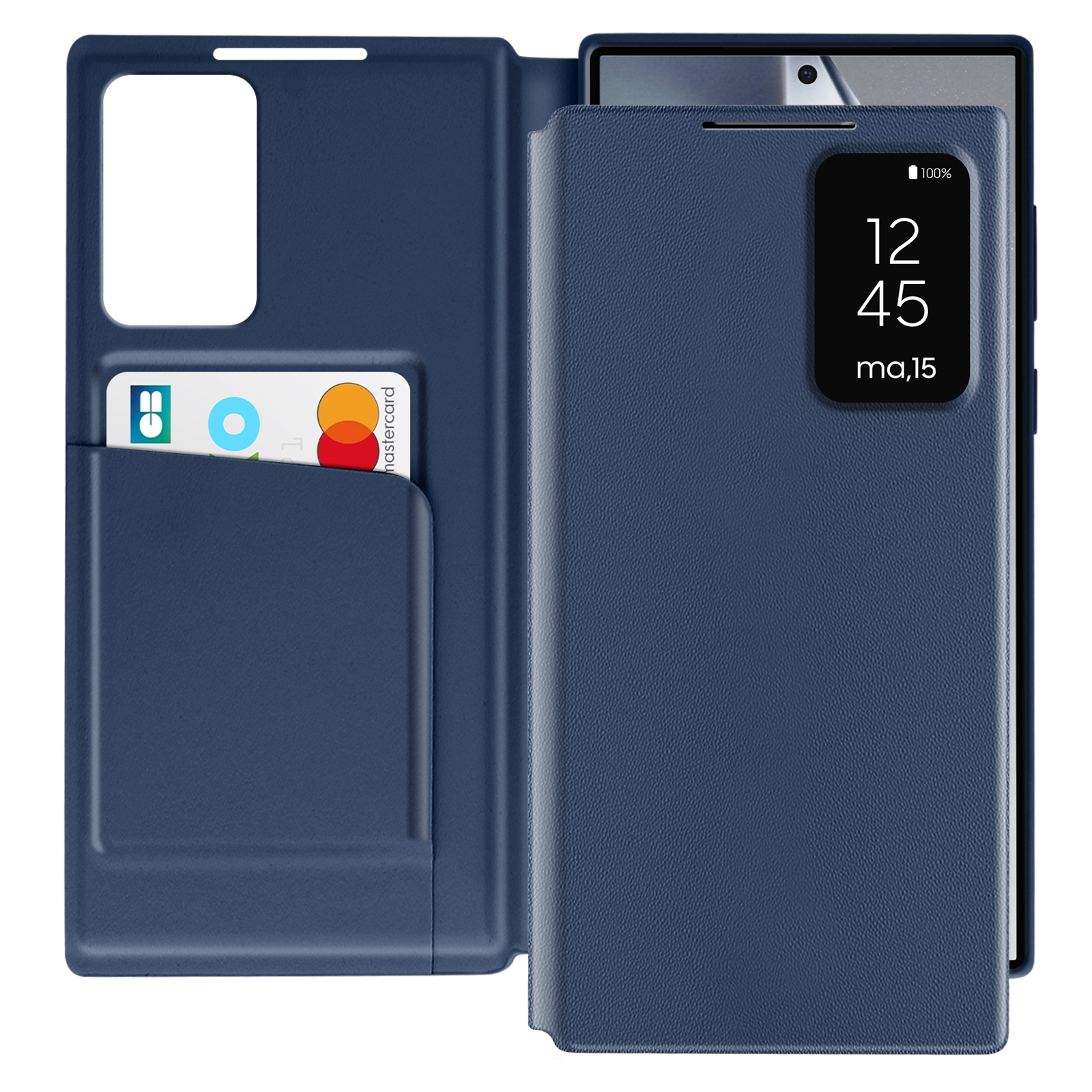 Una custodia blu per telefono con un telefono all'interno. La custodia ha uno slot per schede e una finestra che mostra l'ora.