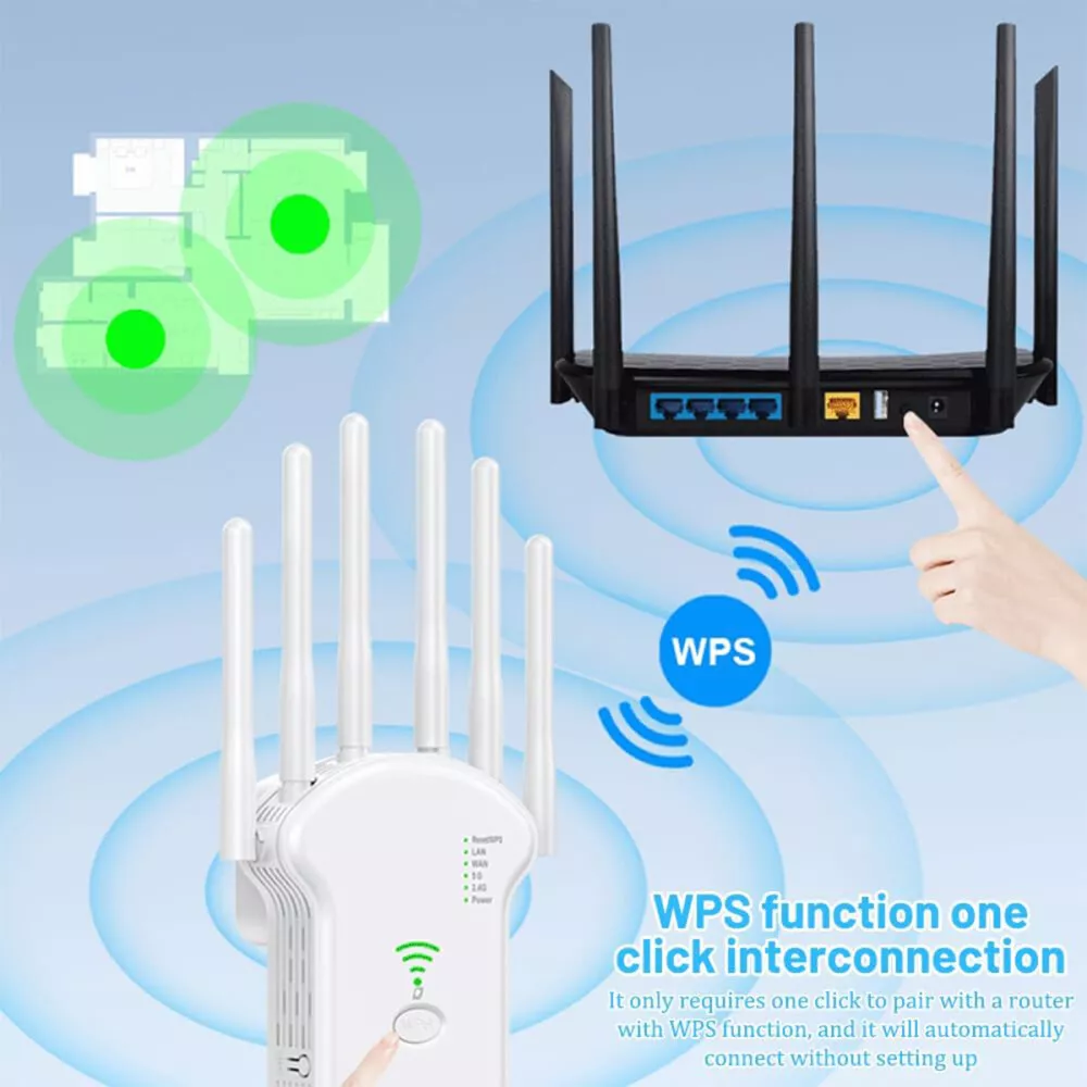 WLAN-Repeater mit mehreren Antennen, verbunden mit einem Router. Zeigt die WPS-Funktion für einfaches Pairing.
