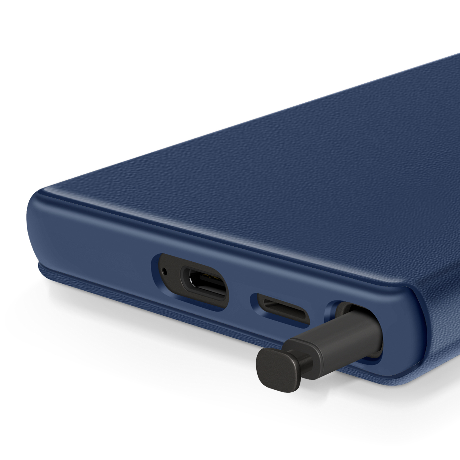 Primo piano di una custodia blu per telefono con penna inserita.
