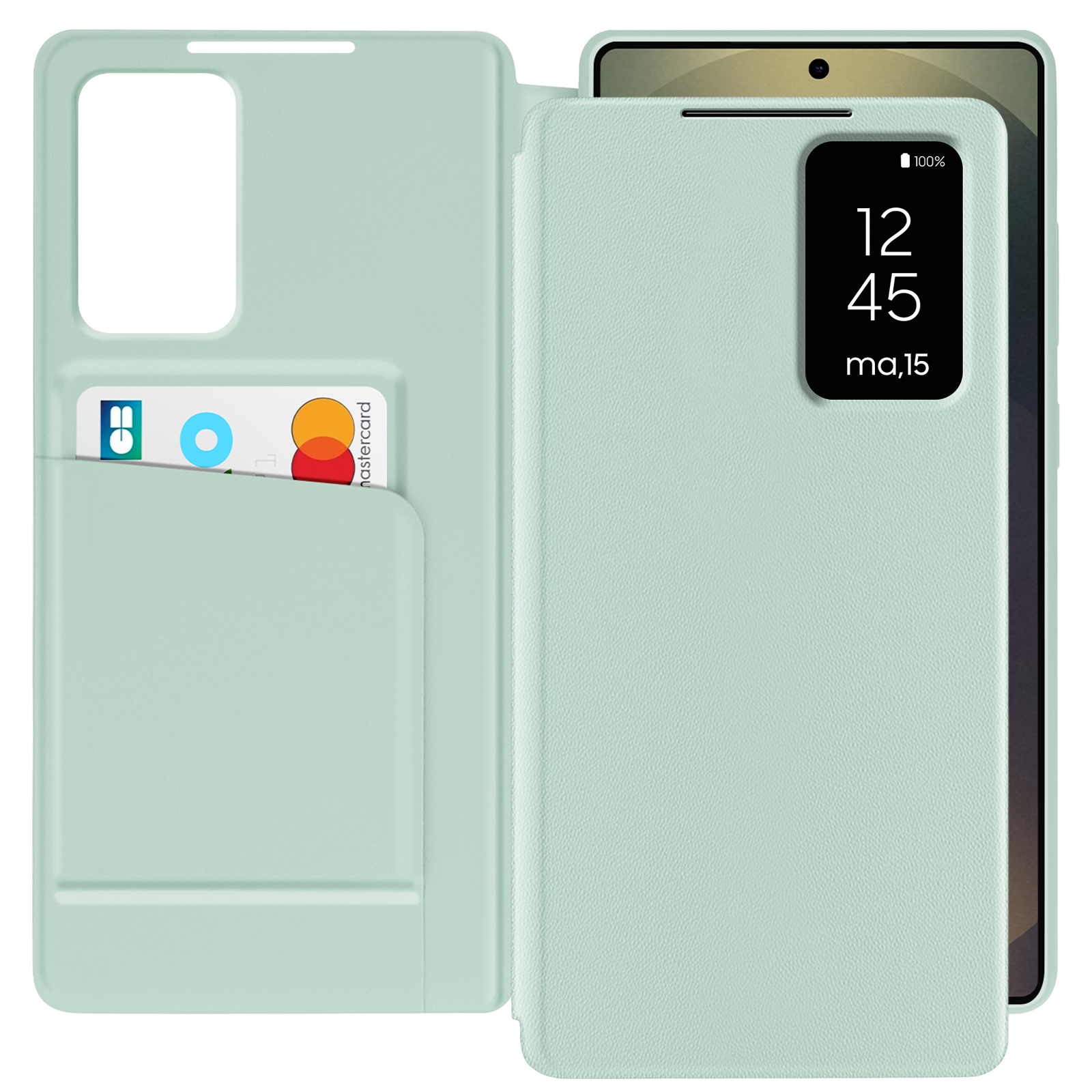 Custodia per telefono verde menta con slot per schede e telefono che mostra ora e percentuale batteria.