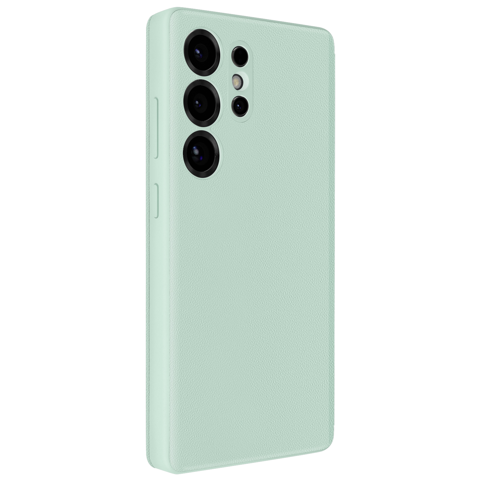 Custodia per telefono verde chiaro con più lenti della fotocamera e pulsanti laterali.