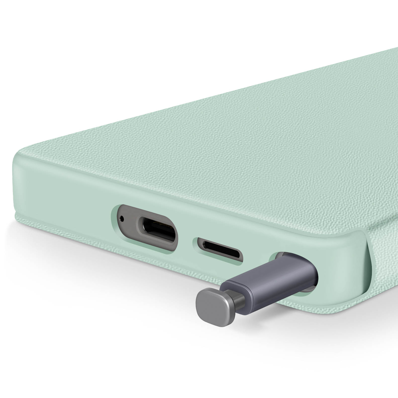 Primo piano di una custodia per telefono verde menta con uno stilo grigio inserito.