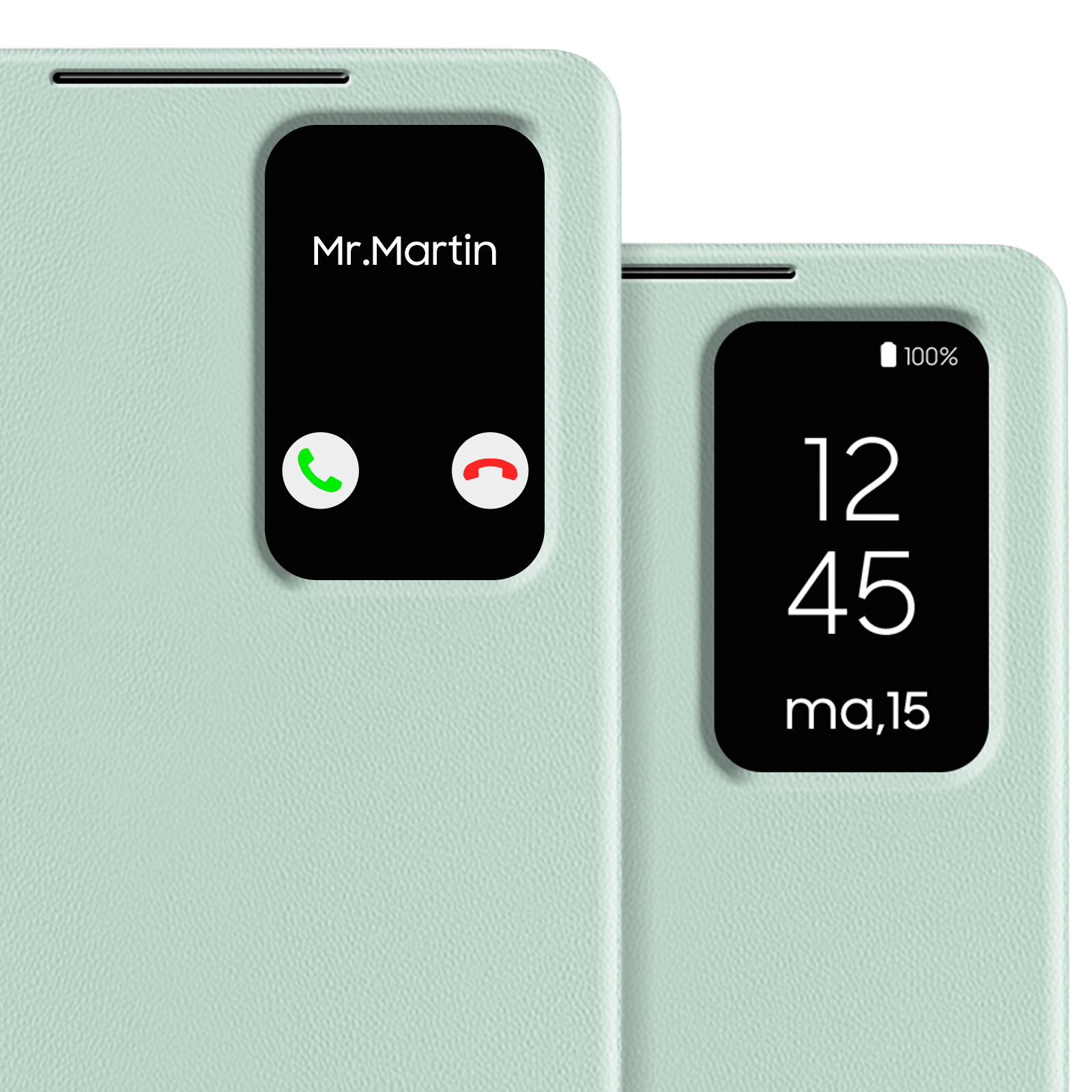 Custodia verde per telefono con schermo che mostra una chiamata. Sfondo bianco, con testo.