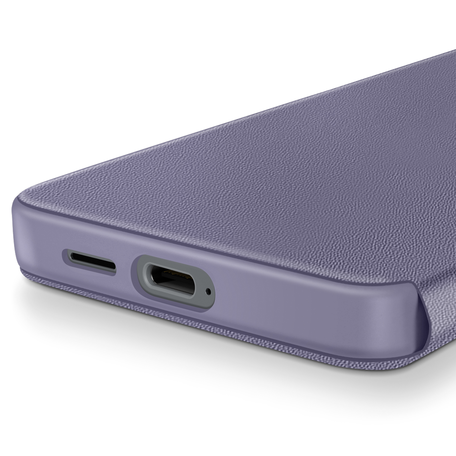 Primo piano di una custodia per telefono viola con porta di ricarica.