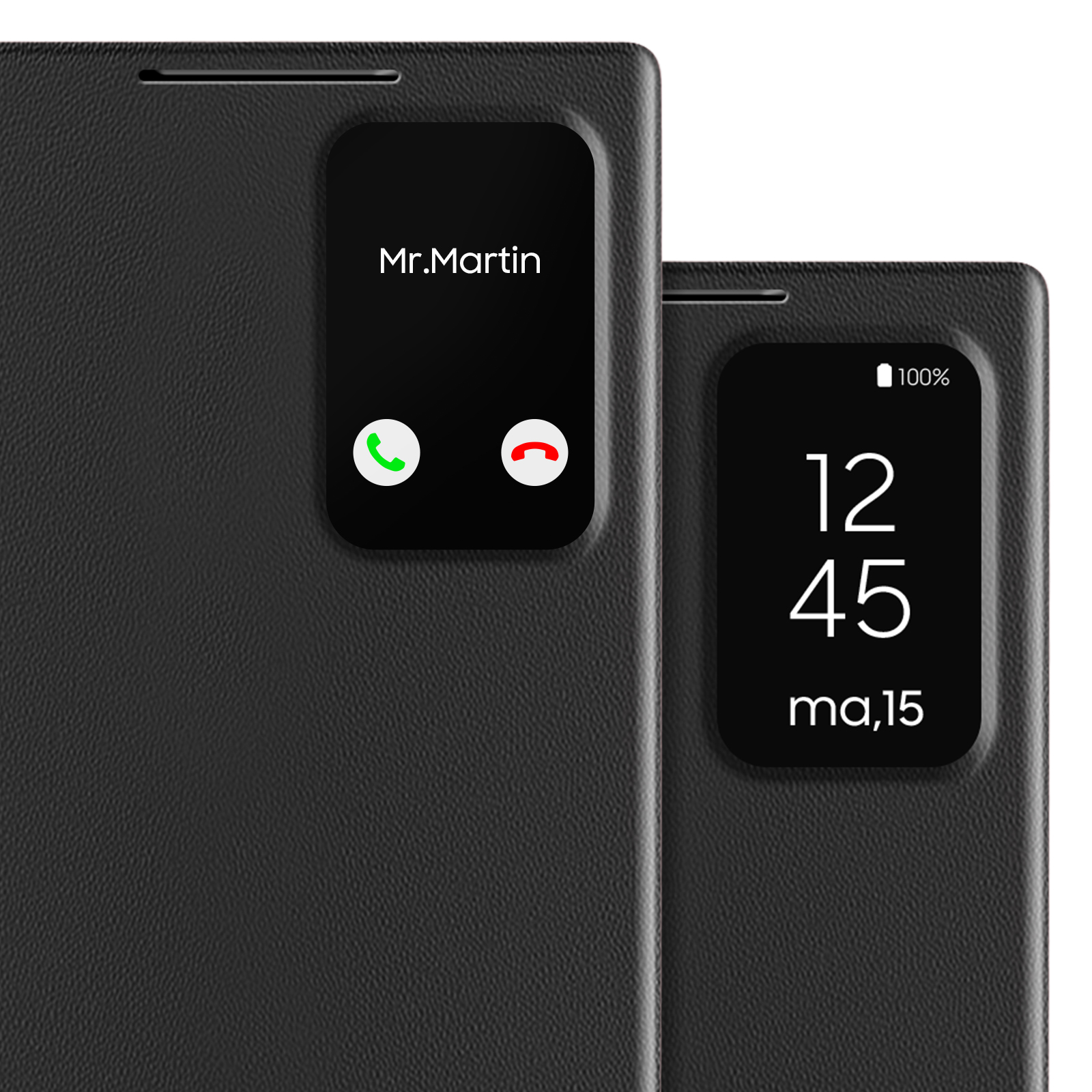 Una custodia nera per telefono con uno schermo che mostra un'interfaccia di chiamata.
