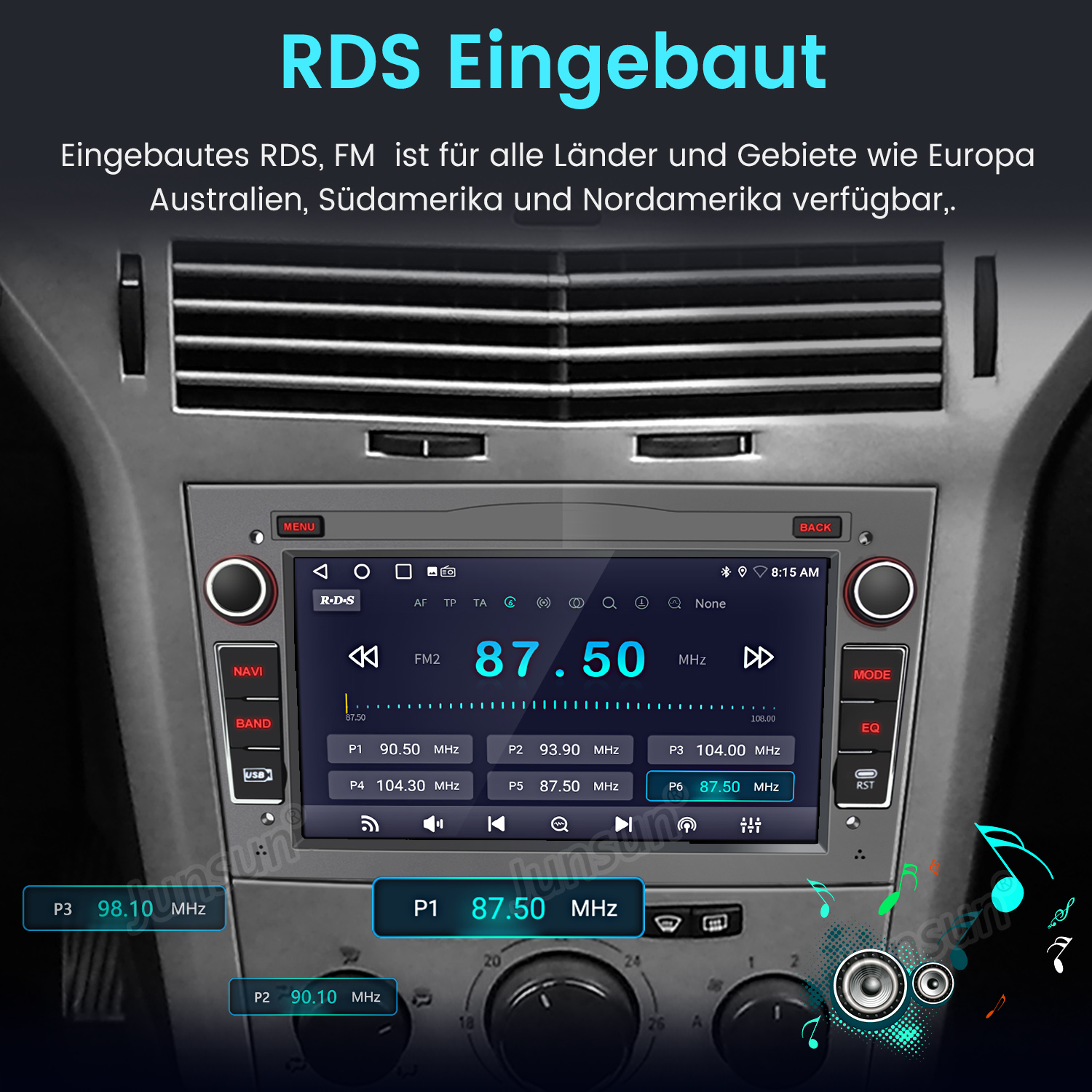 Ekran radia samochodowego wyświetlający informacje i przyciski. Tekst: RDS EINGEBAUT, 87.50 MHz.