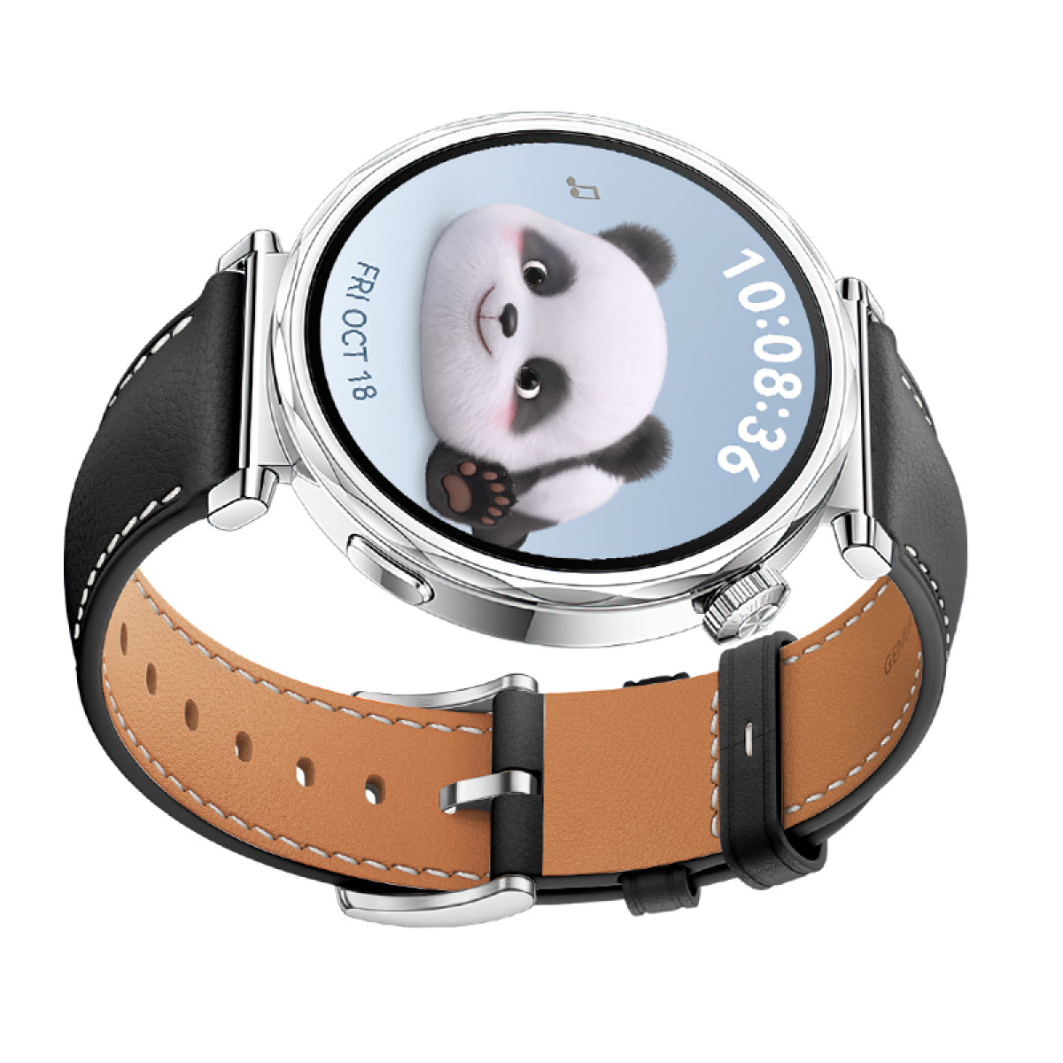 Pandagesicht auf Smartwatch-Anzeige. Die Uhr hat ein schwarzes Lederarmband.