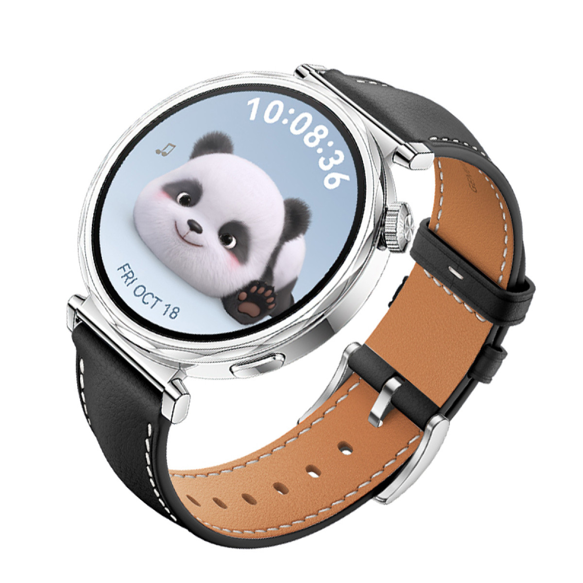 Smartwatch mit Panda-Gesicht. Schwarzes Armband, silbernes Gehäuse. Zeigt Uhrzeit, Datum. Panda lächelt.