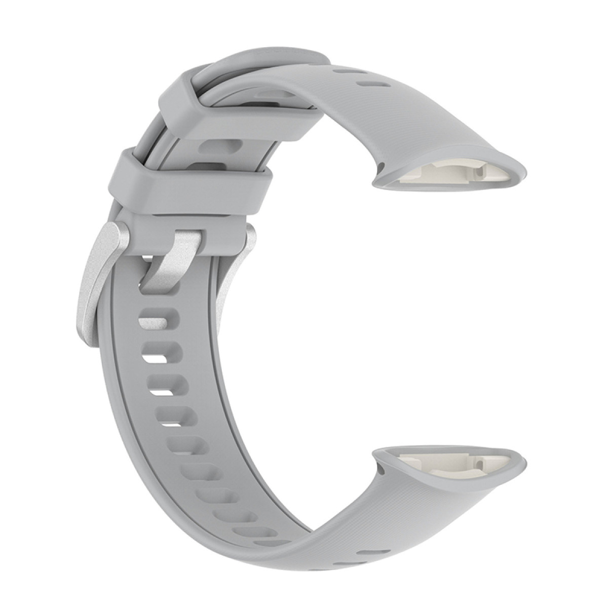 Graues Uhrenarmband. Es hat eine Schnalle und einen Stift. Das Band ist gebogen.