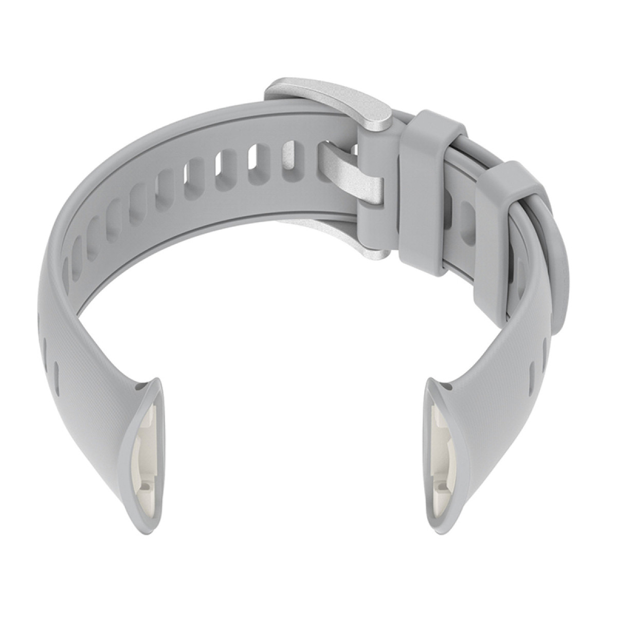 Hellgraues Smartwatch-Armband mit silberner Schließe. Gebogene Form, an beiden Enden offen.