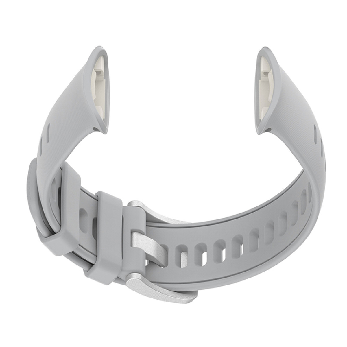 Graues Silikon-Uhrenarmband. Hat eine Schnalle und Löcher zur Anpassung. Gebogene Form.