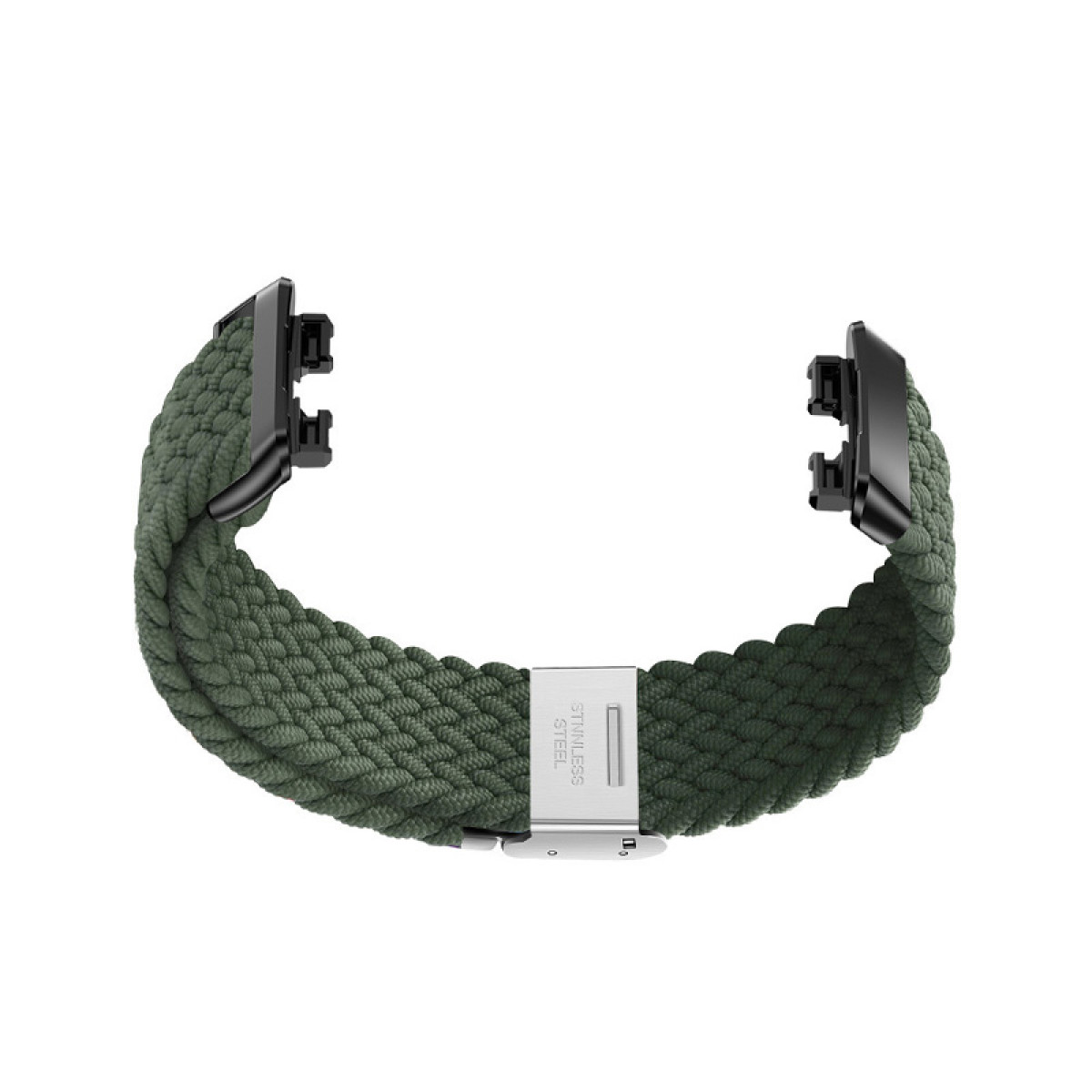 Grünes geflochtenes Uhrenarmband mit Edelstahlverschluss. Schwarze Anschlüsse.
