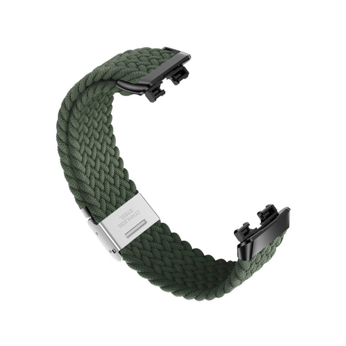 Ein grünes geflochtenes Uhrenarmband mit Edelstahlverschlüssen. Das Armband ist gebogen und zeigt seine Textur und Verbindungspunkte.