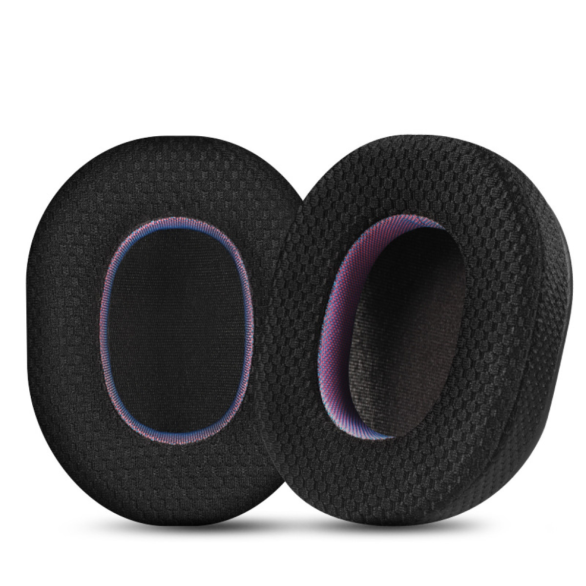 Due cuscinetti neri per cuffie con mesh nero e dettagli rosa e blu.