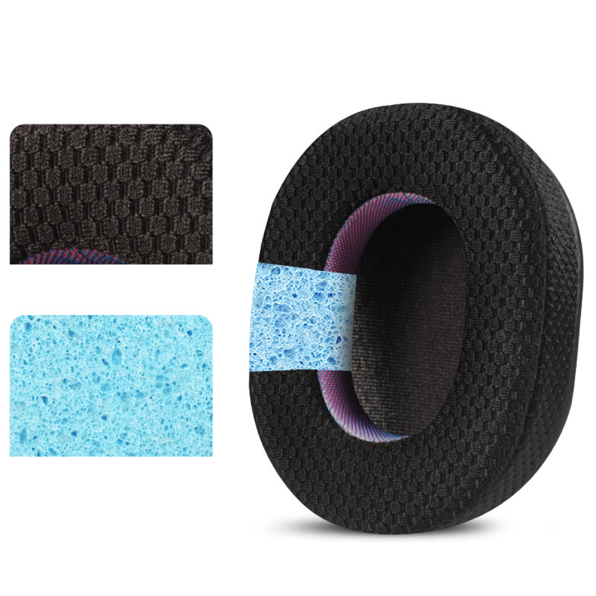 Cuscinetti per auricolari, che mostrano i materiali. Rete nera, spugna blu. Dettaglio ravvicinato.