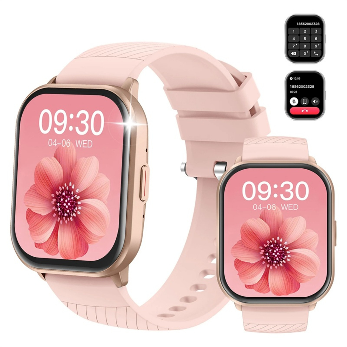 Eine pinkfarbene Smartwatch mit Blumenanzeige und zwei zusätzlichen Bildschirmen, die Zeit und Anrufe zeigen.