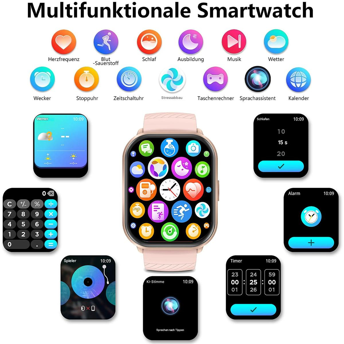 Smartwatch mit mehreren Symbolen, einschließlich Wetter, Herzfrequenz, Schlaf- und Timerfunktionen.