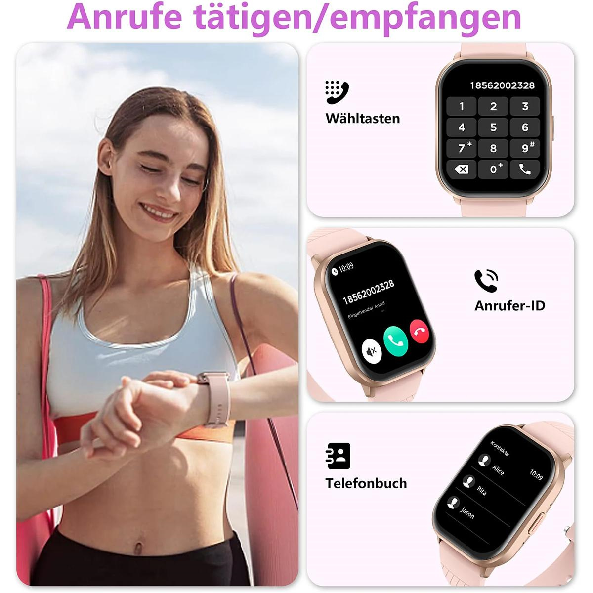 Frau, die Smartwatch mit Anrufdetails und Kontakten überprüft, weißer Hintergrund.