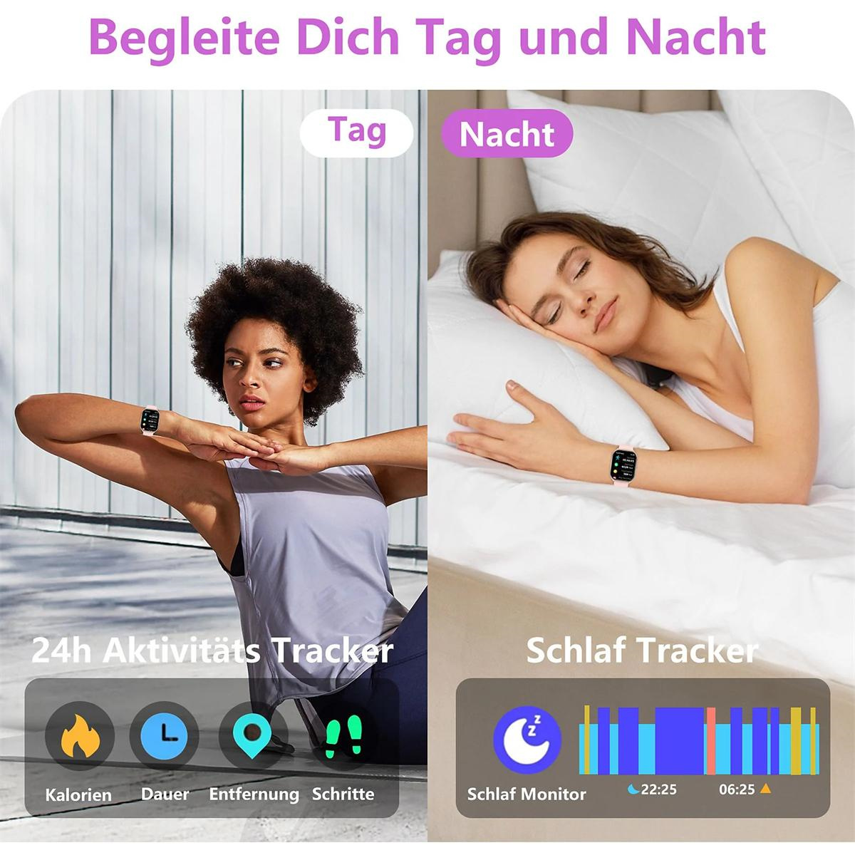 Eine Frau trainiert und eine Frau schläft, beide tragen Smartwatches, mit Aktivitätsdaten.