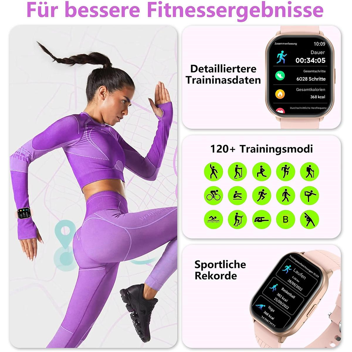 Eine Frau, die mit einer Smartwatch trainiert, die Trainingsdaten und verschiedene Übungssymbole anzeigt.