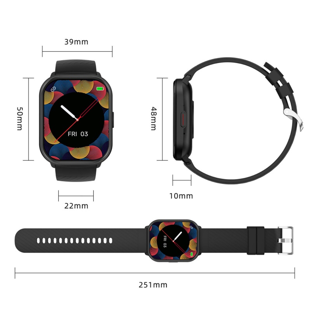 Eine schwarze Smartwatch mit Messungen. Die Uhr zeigt die Zeit an. Schwarzes Armband und Abmessungen.
