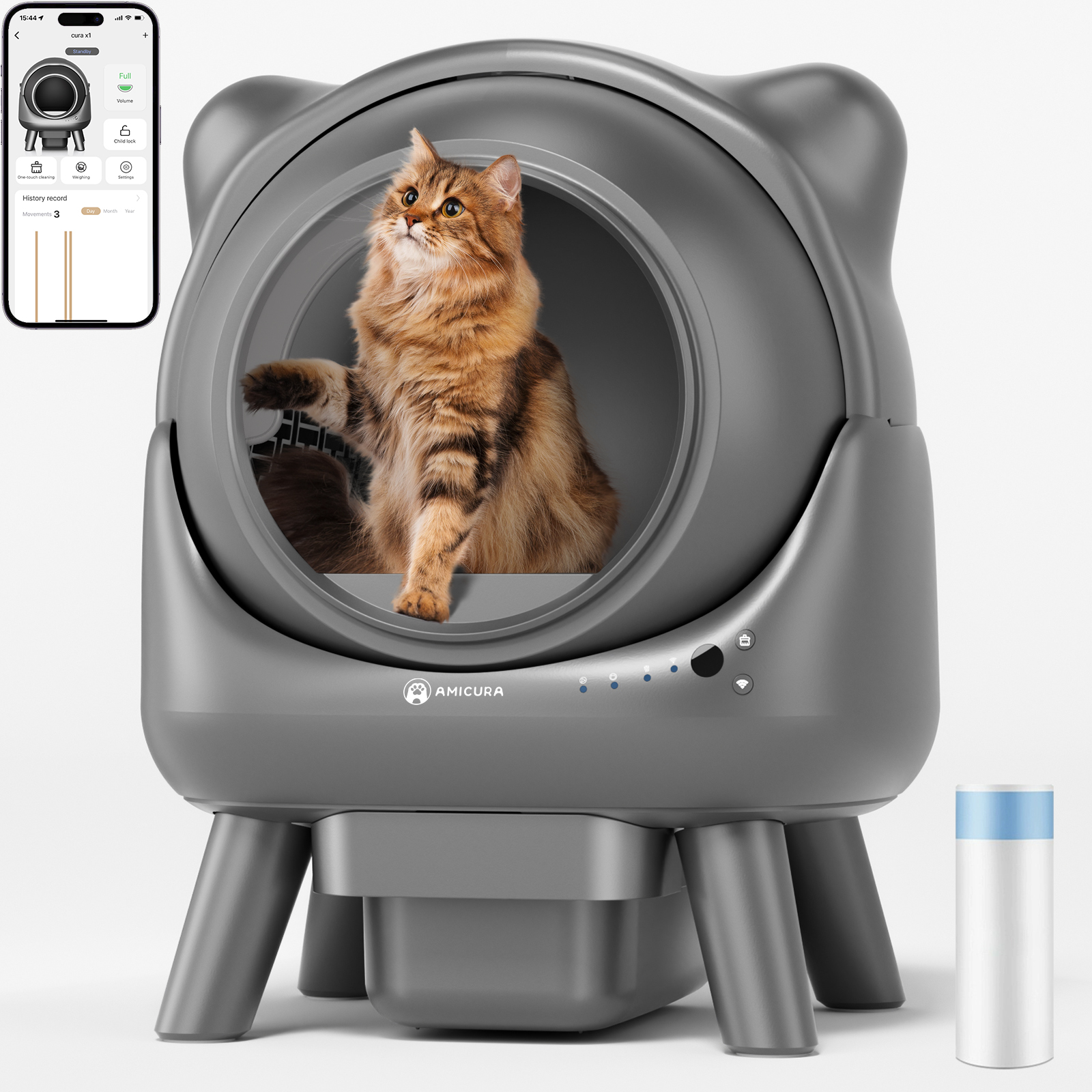 Eine graue Katzen-Katzentoilette mit Katze, einem Telefonbildschirm und einem blauen Abfallbeutelspender.