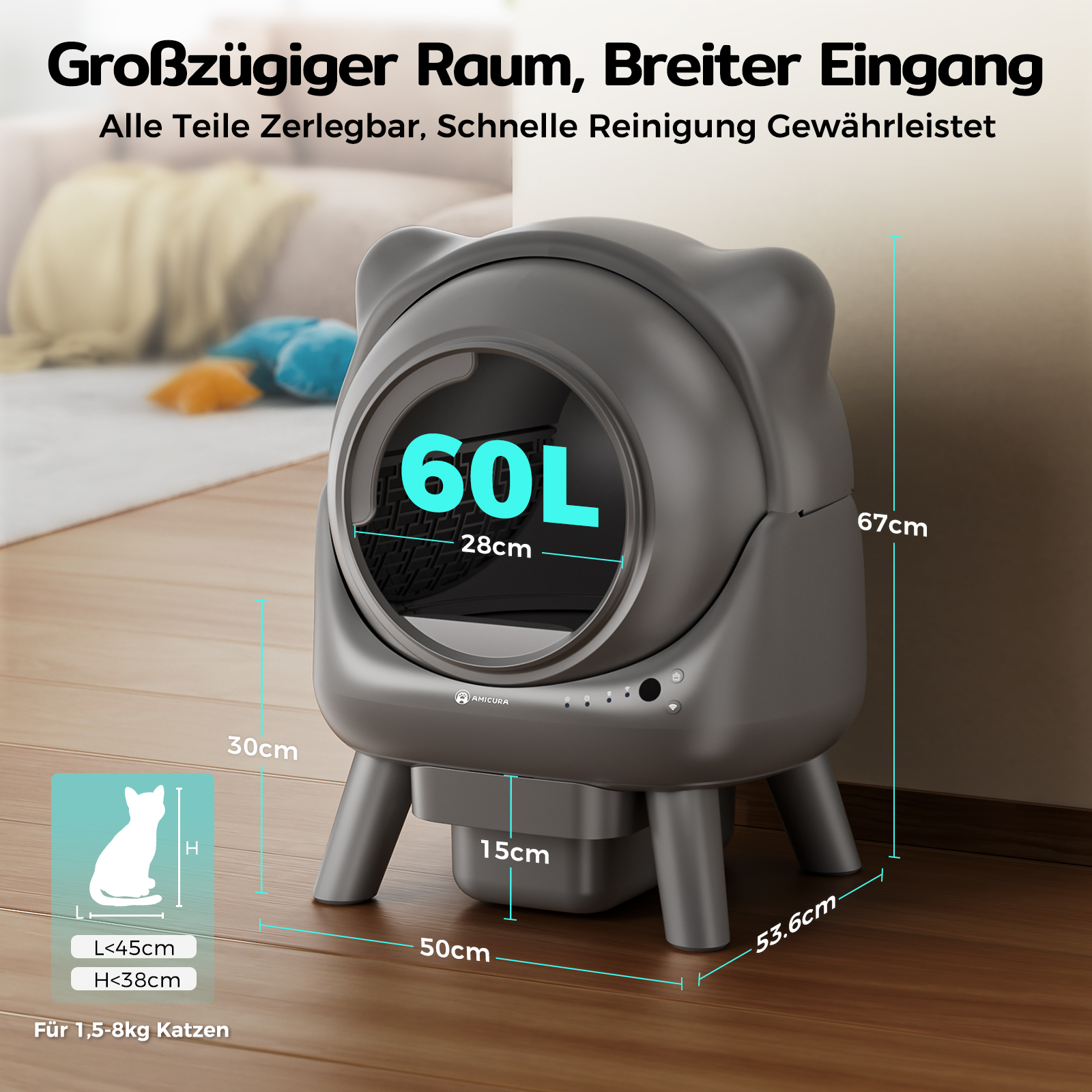 Graue Katzentoilette mit Maßen und einer Katzensilhouetten-Grafik.