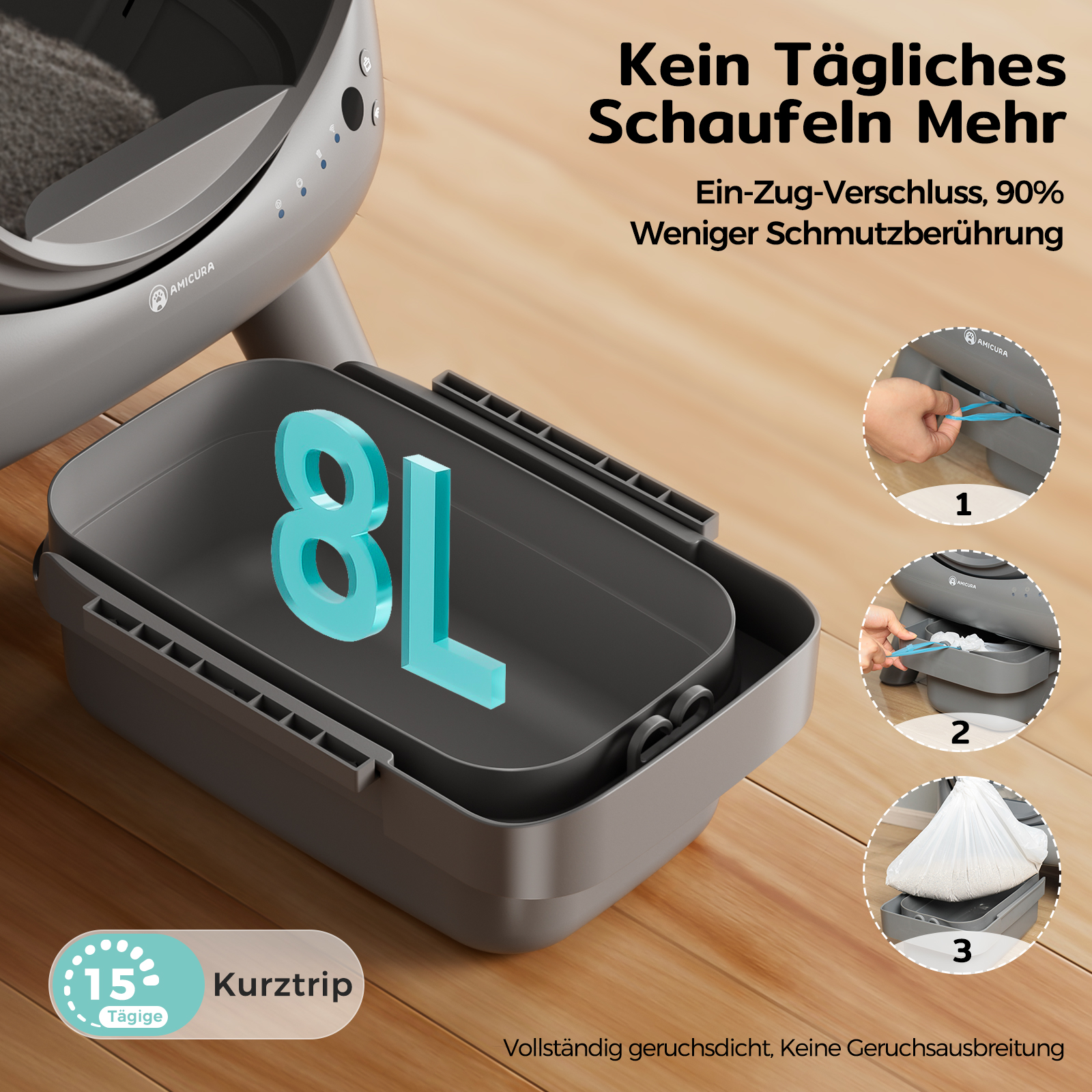 Graue Katzenstreukiste mit blauem 8L-Text. Bilder zeigen die Verwendung mit Beutel, Schaufel und Deckel.