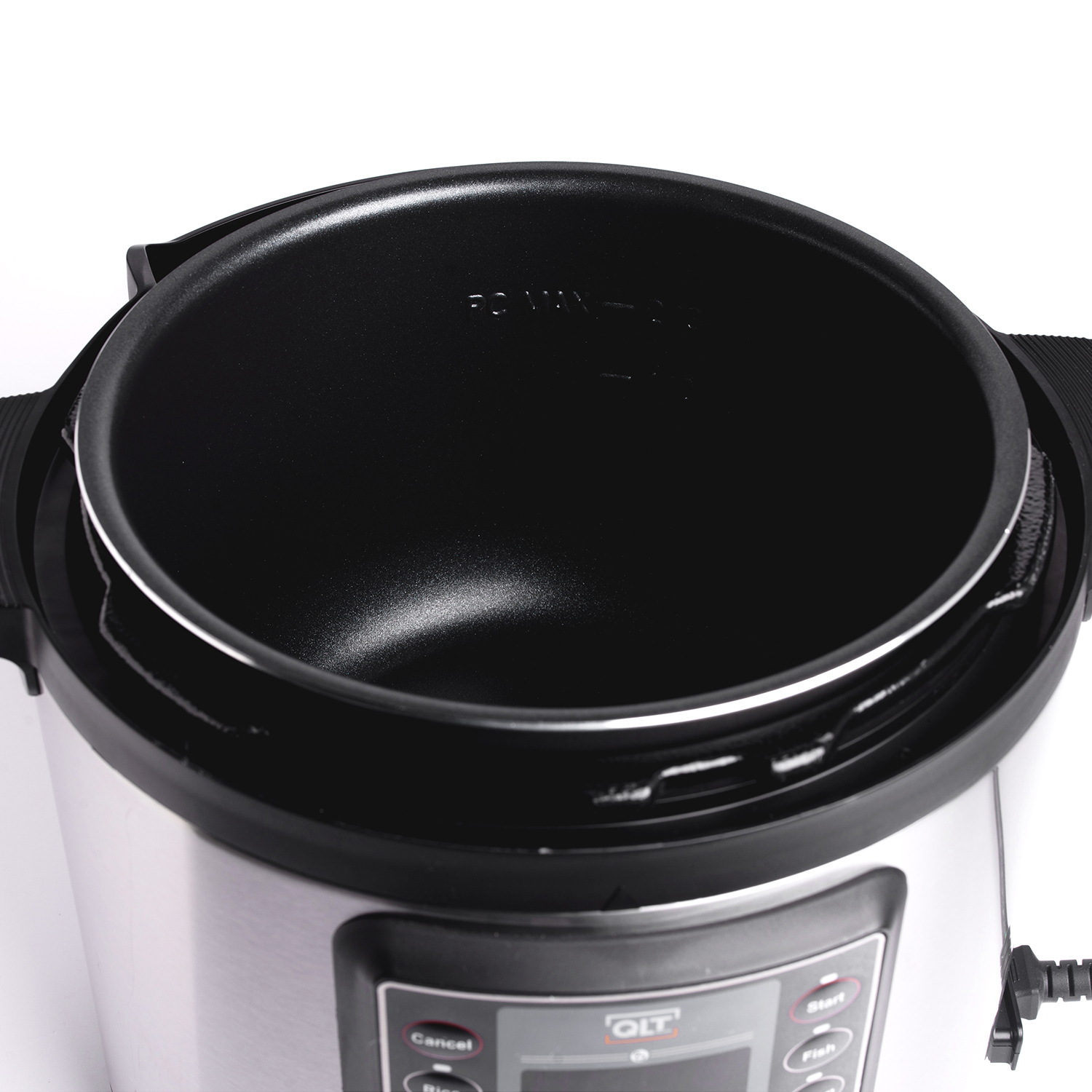Open, black and silver pot with a black interior. White background.