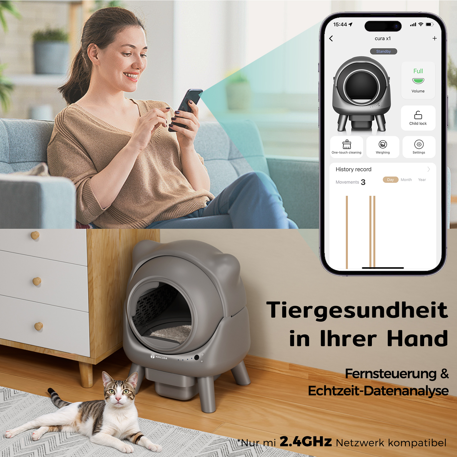 Frau benutzt Telefon, Katze in der Nähe einer Katzentoilette, Anzeige mit Gesundheitsdaten der Katze.