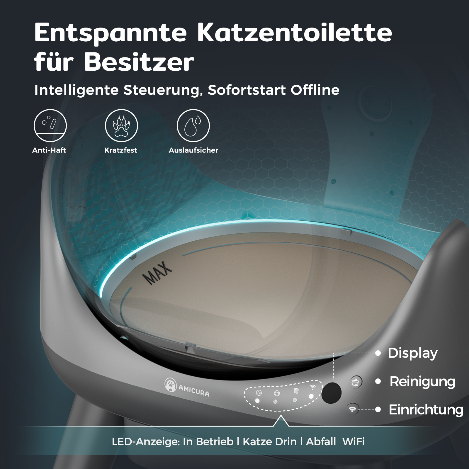 Katzentoilette mit Display und Reinigungsfunktionen. Es hat einen weißen Innenraum und ein graues Äußeres.