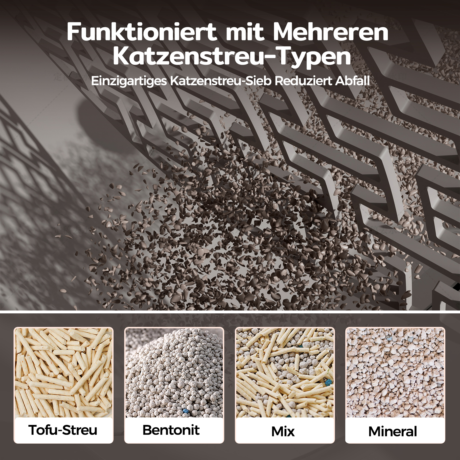 Verschiedene Katzenstreuarten: Tofu, Bentonit, Mischung und Mineral, dargestellt mit Streu-Grafik.