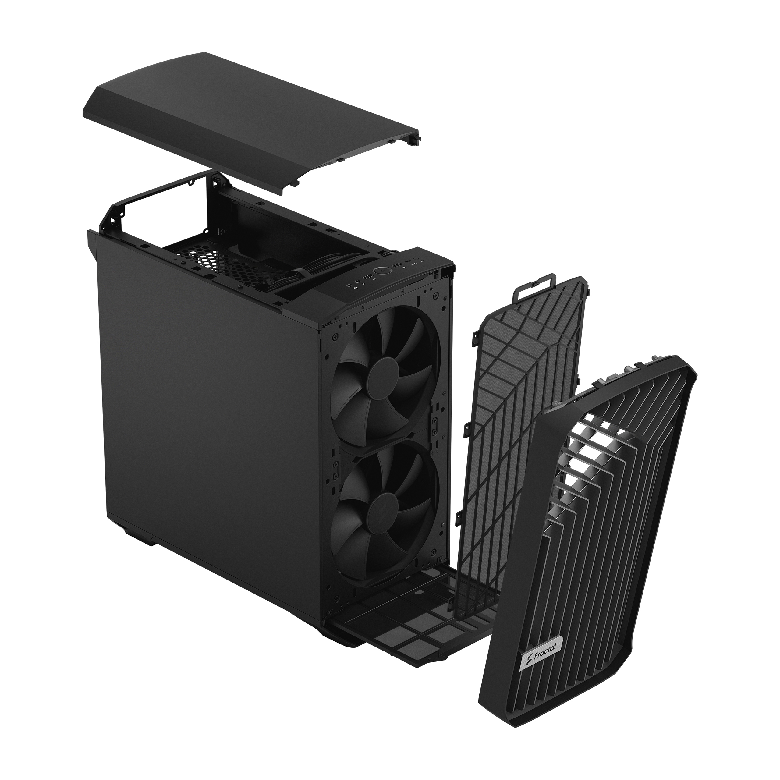 Case nero per computer, vista esplosa, con ventole e pannelli staccati.