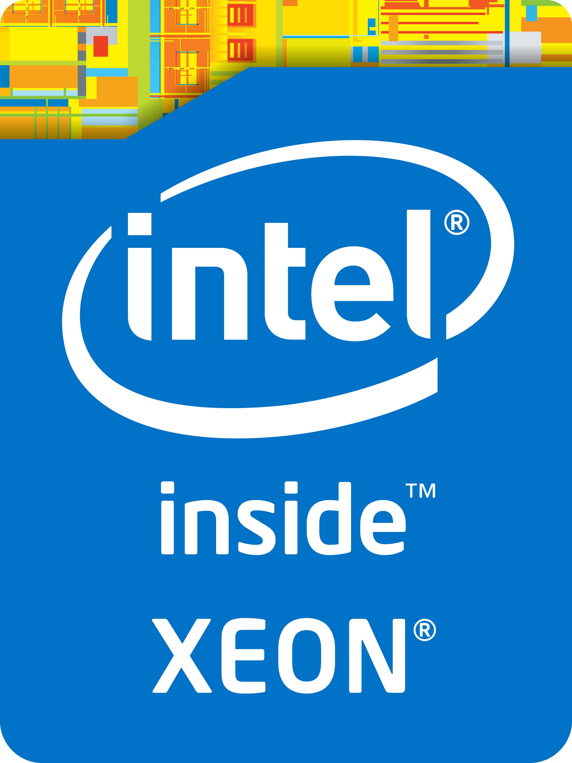 Niebieskie logo Intel Xeon na niebieskim tle z kolorowymi kształtami.