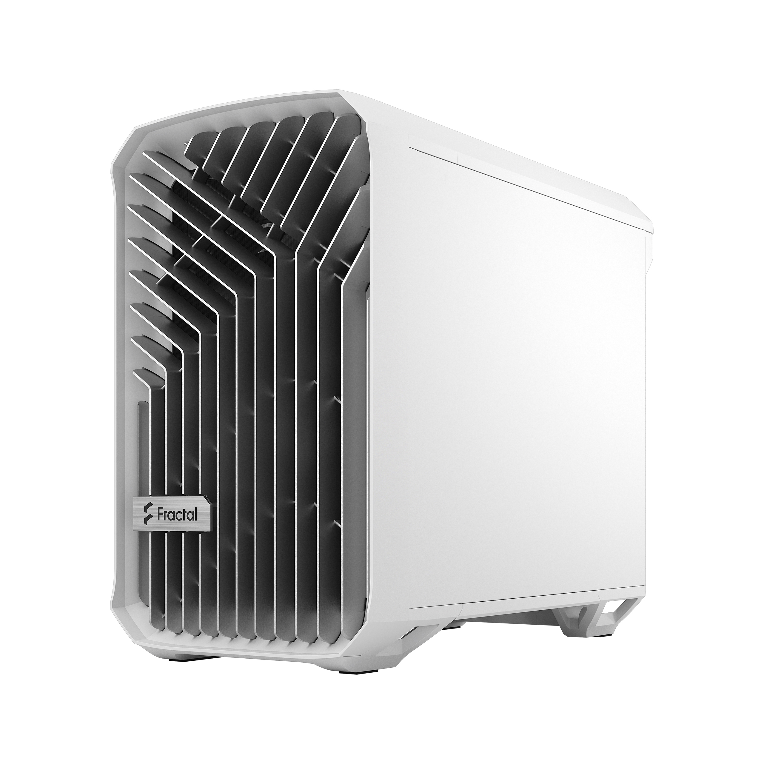 Case computer bianco con pannello frontale elegante, il logo Fractal è visibile. Sfondo bianco.