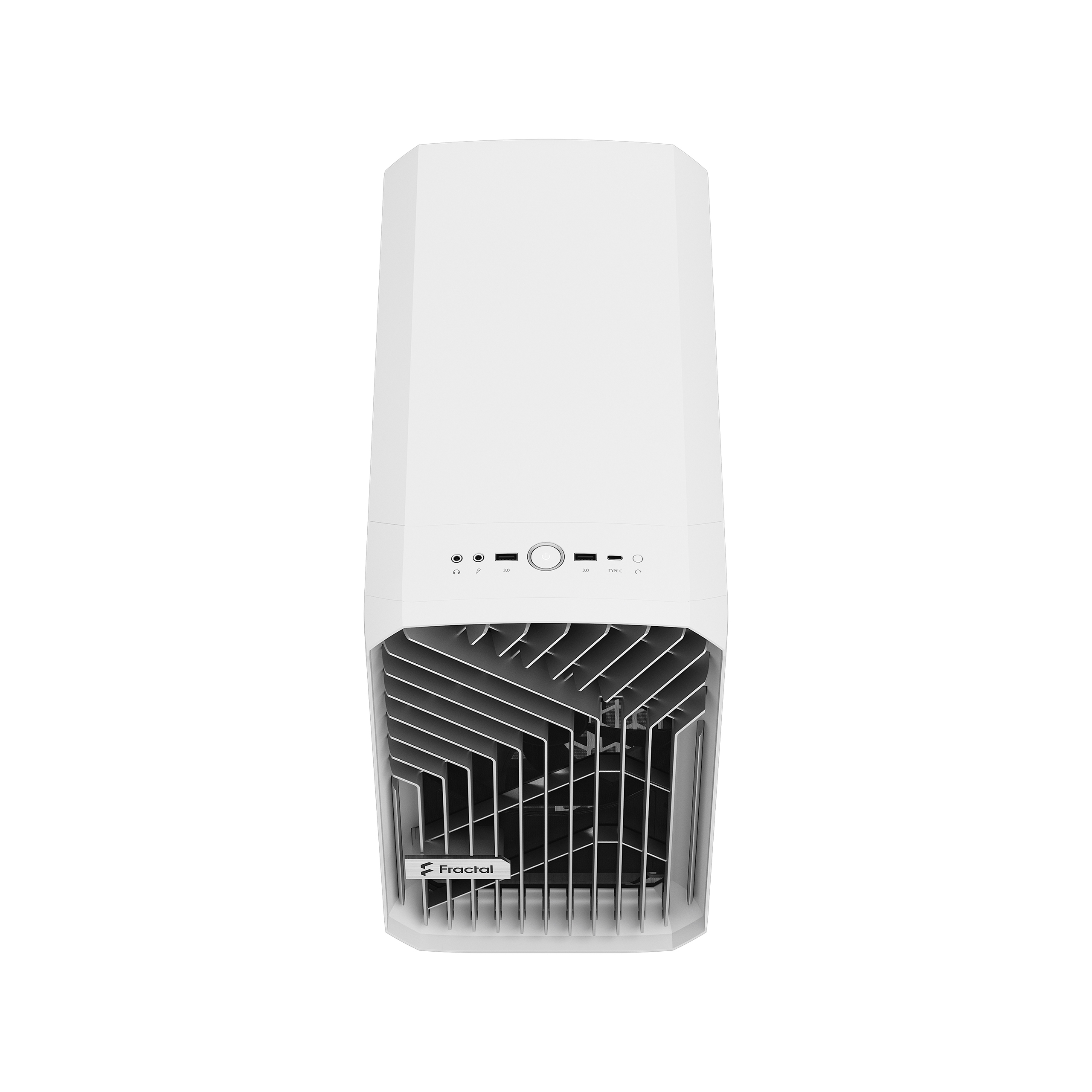 Case per computer bianco. Vista frontale con design a rete e logo Fractal.