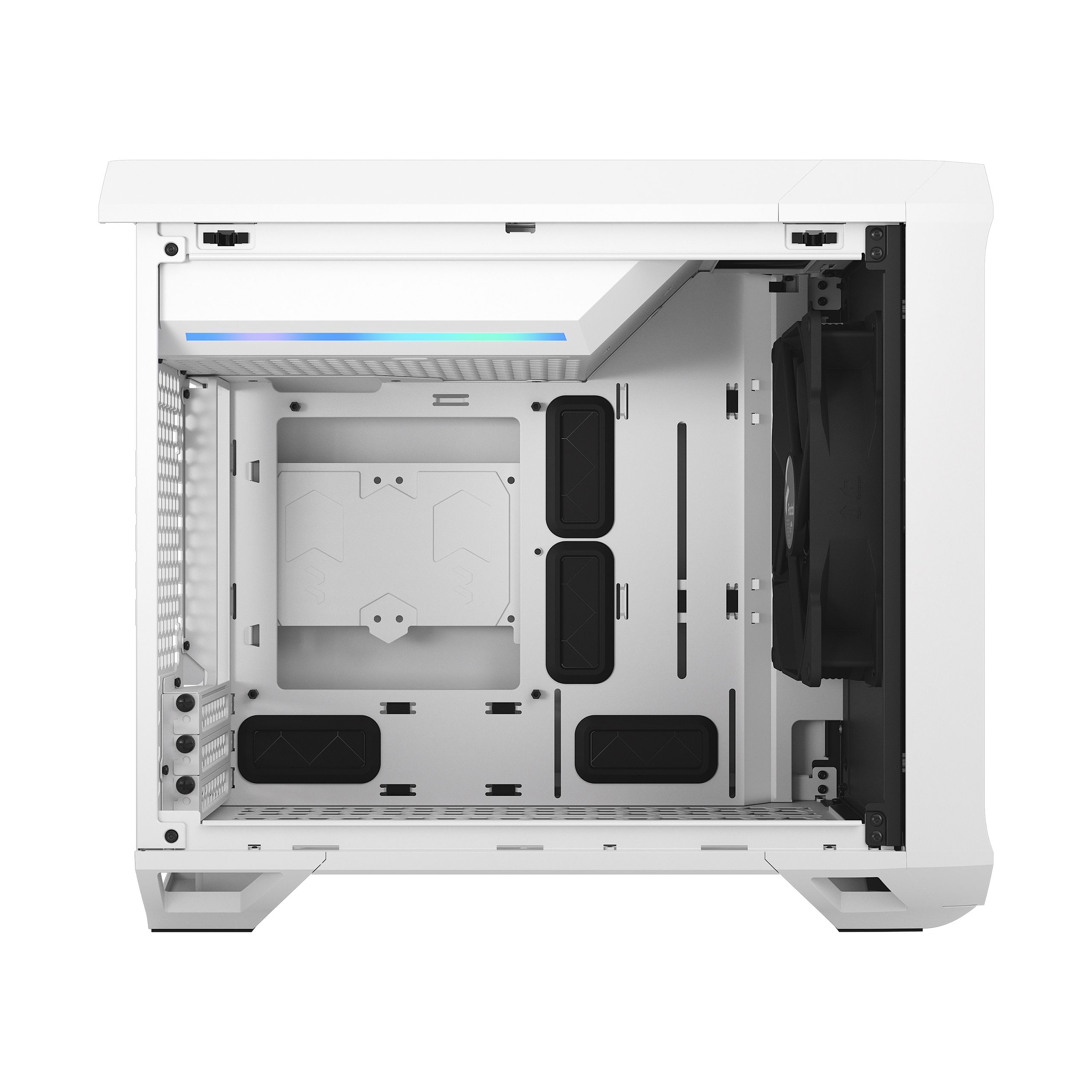 Case per computer bianco, aperto, con dettagli interni. Ventola nera, slot e punti di montaggio visibili.