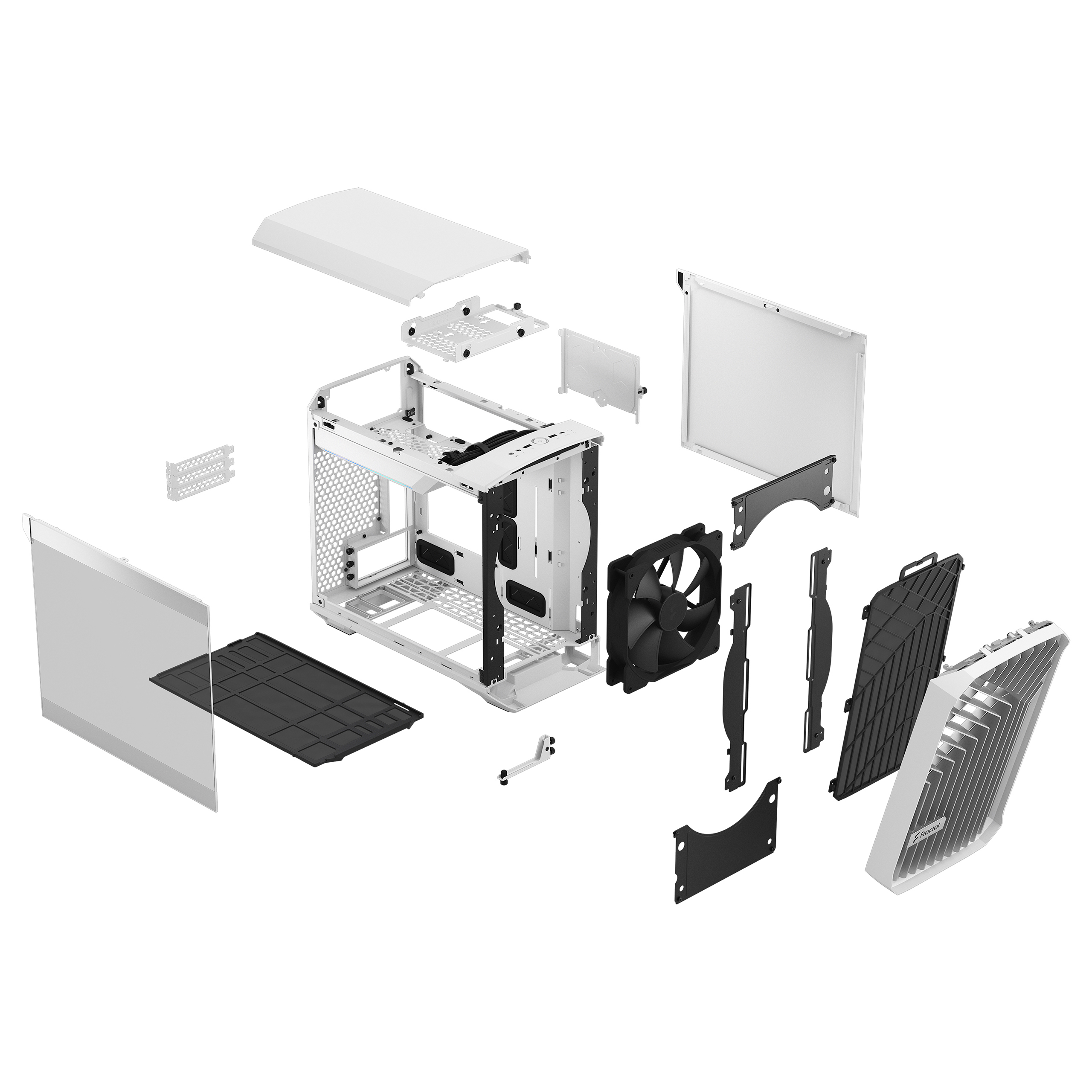Vista esplosa di un case per computer. Vari componenti sono separati.