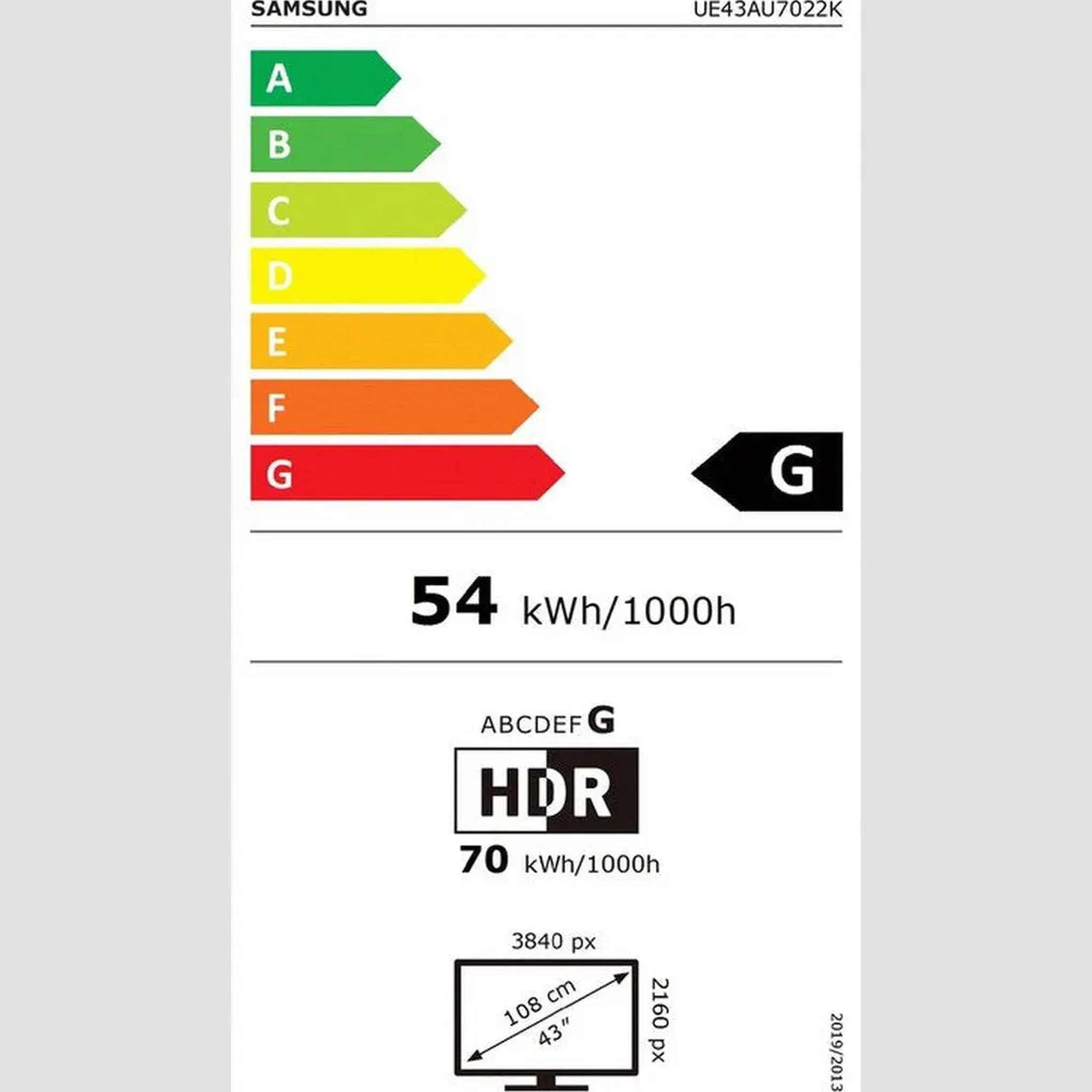 Etykieta energetyczna telewizora Samsung z ocenami i specyfikacjami, w tym HDR i wymiarami.