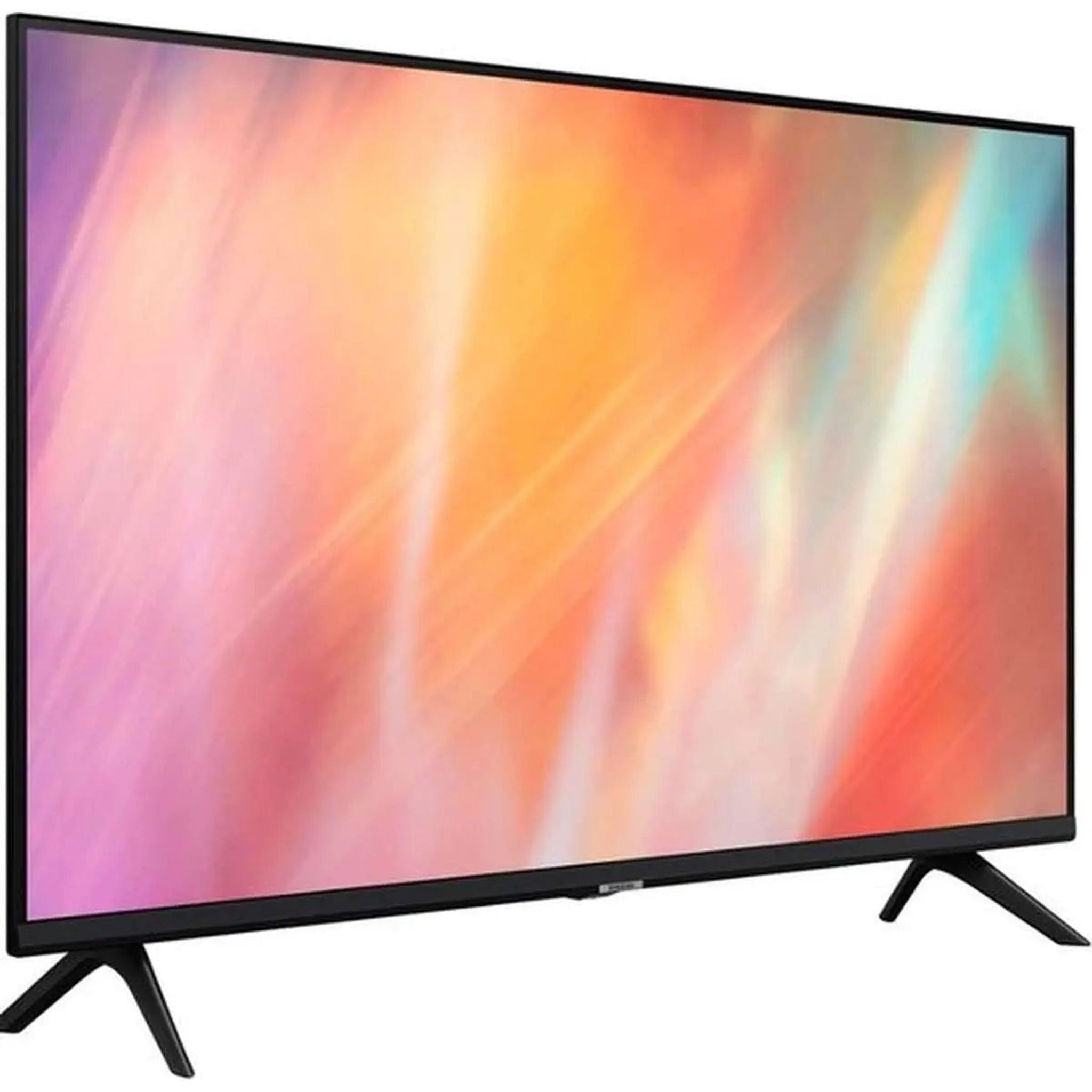 Czarny telewizor z kolorowym wyświetlaczem, stojący na dwóch czarnych nogach, widok z boku.